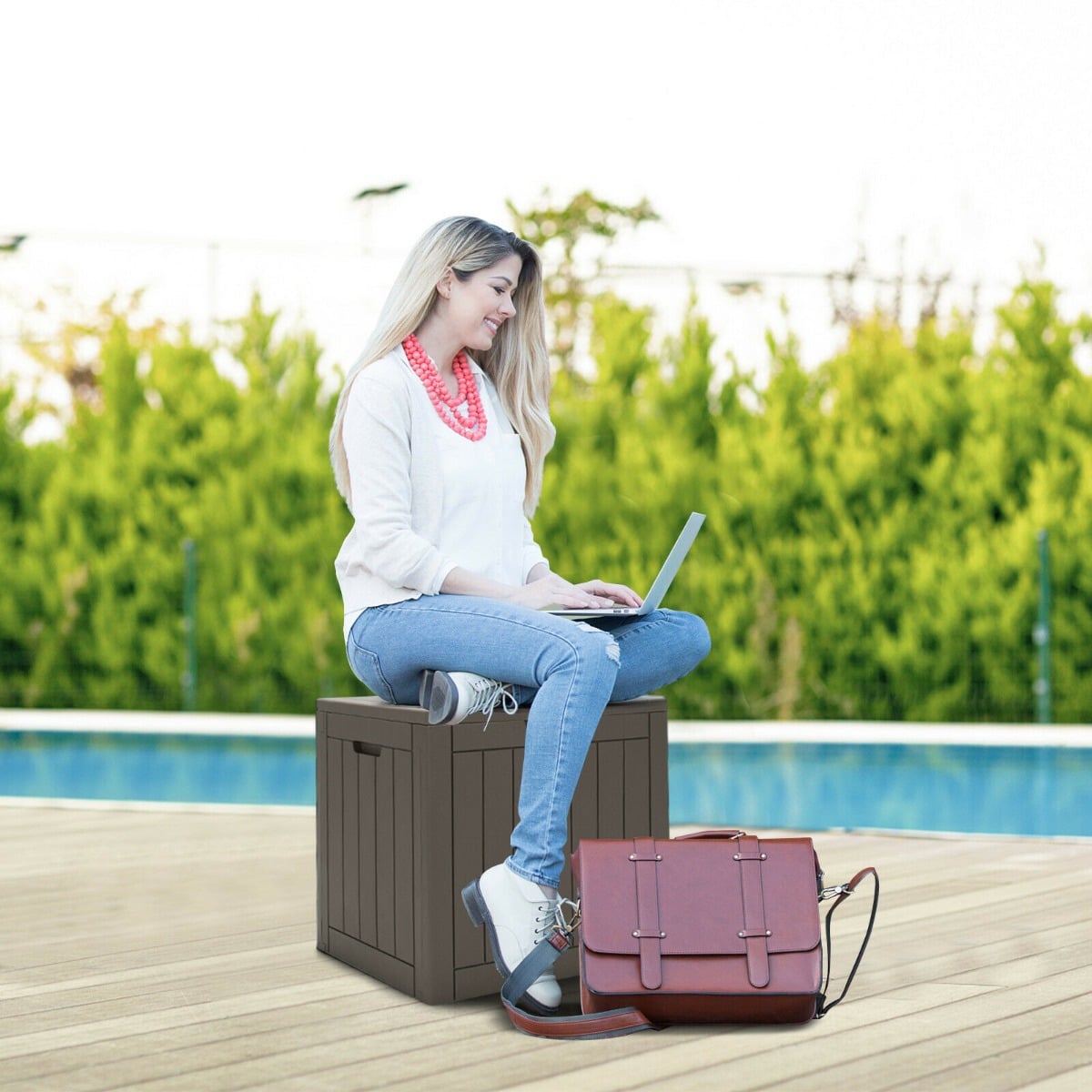Outdoor Storage Shed with Handles and Lockable Lid in Coffee, image 7