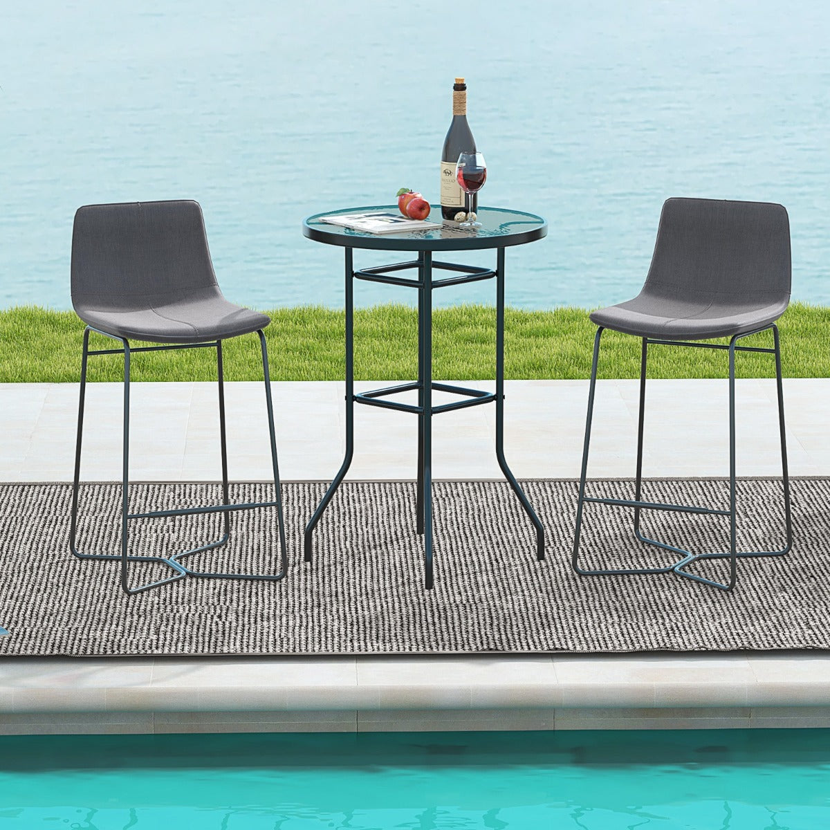 Patio Bar Table with Tempered Glass Tabletop and Heavy-duty Metal Frame