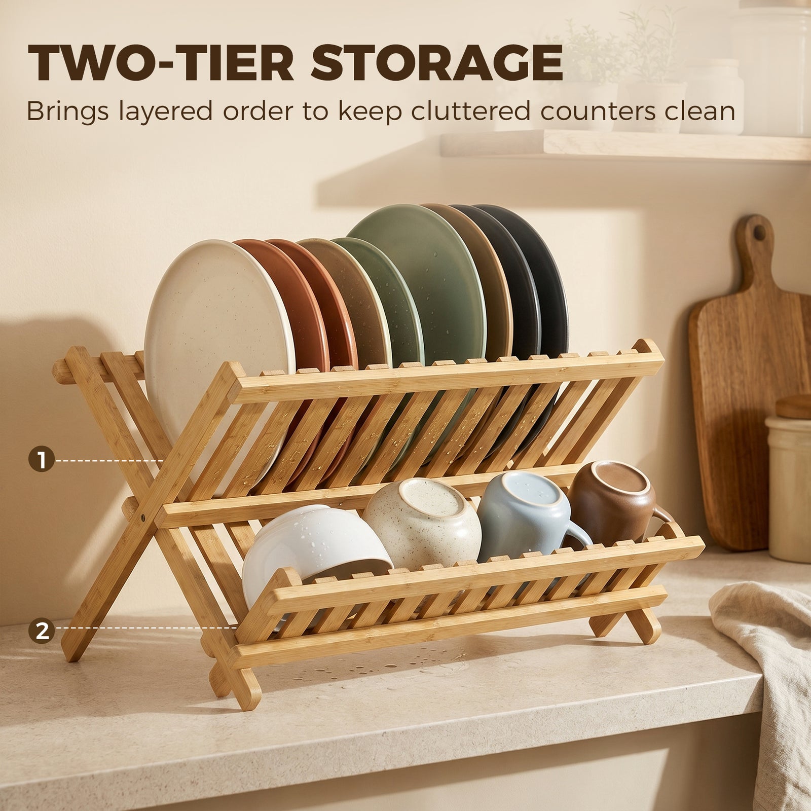 HOMCOM Kitchen Storage Unit, 2-Tier Foldable Kitchen Storage Rack with Slatted Draining Shelves, Natural Wood Finish