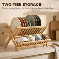 HOMCOM Kitchen Storage Unit, 2-Tier Foldable Kitchen Storage Rack with Slatted Draining Shelves, Natural Wood Finish