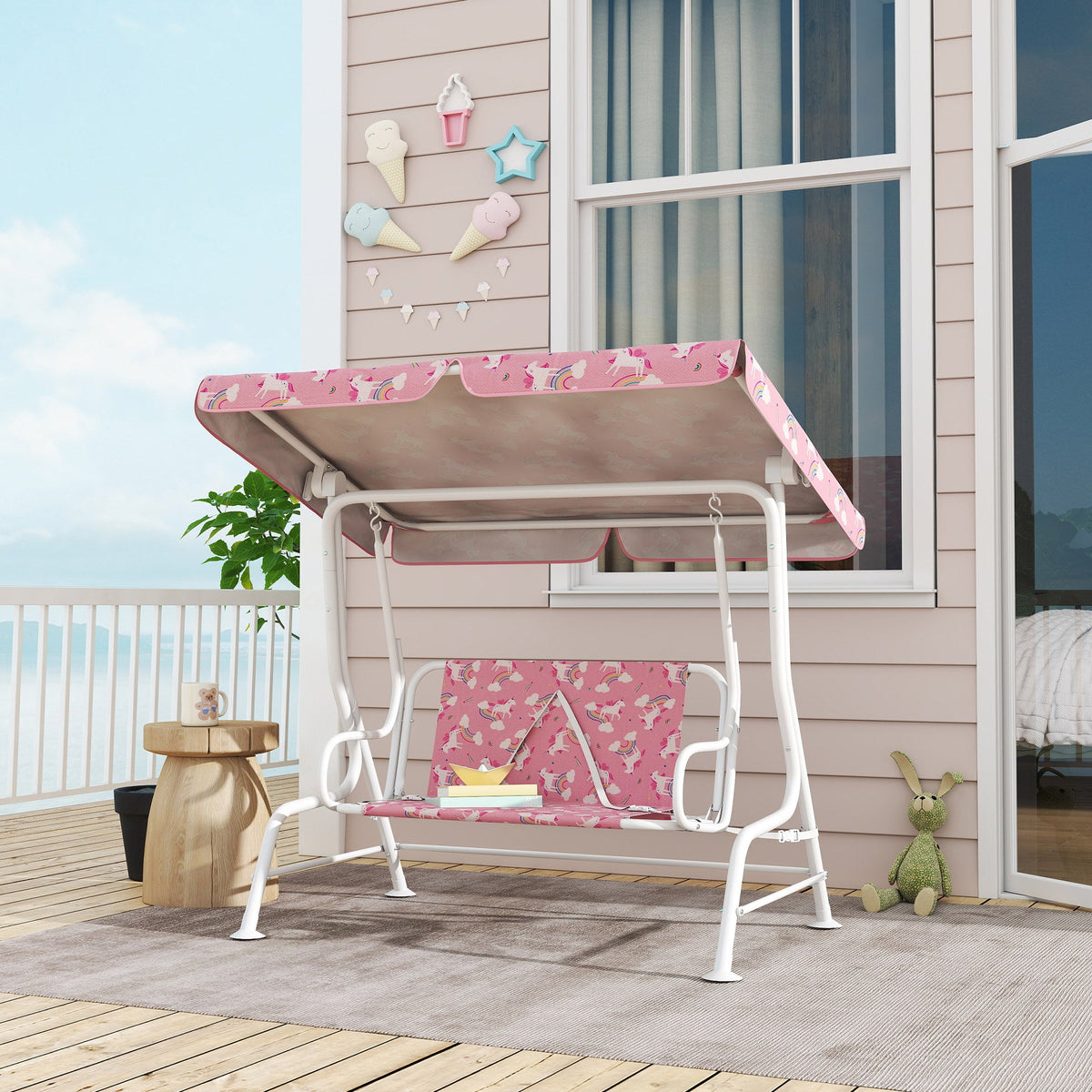 AIYAPLAY Kids Porch Swing, 2-Seater Patio Swing Bench Hammock with Seat Belts, Adjustable Canopy for Garden, Pink