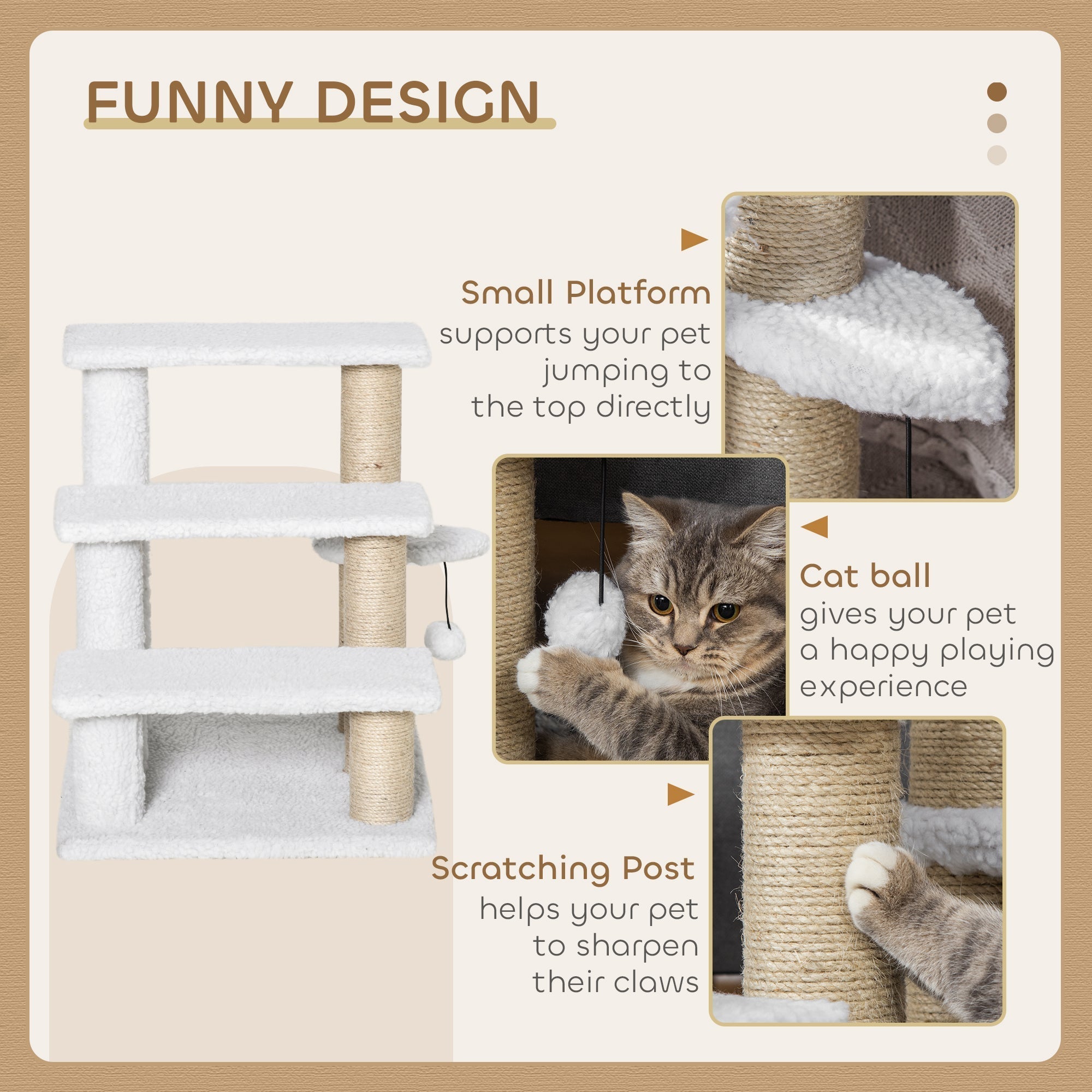 PawHut Pet Stair with 3-step Climb Ladder, Scratching Posts, Platforms, Toy Ball, for Indoor Elderly Cats Kittens, White