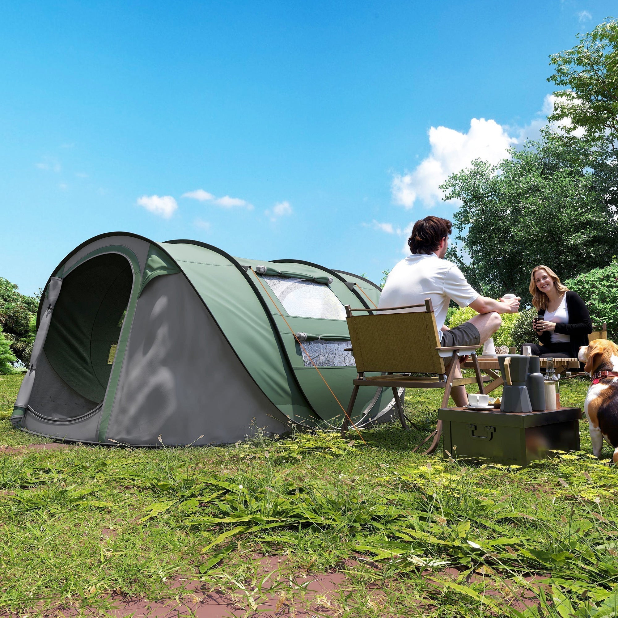 Outsunny 4 Person Pop-up Camping Tent Family Tent with Ground Sheet, 4 Windows and Portable Carry Bag for Beach Outdoor Trip, Dark Green