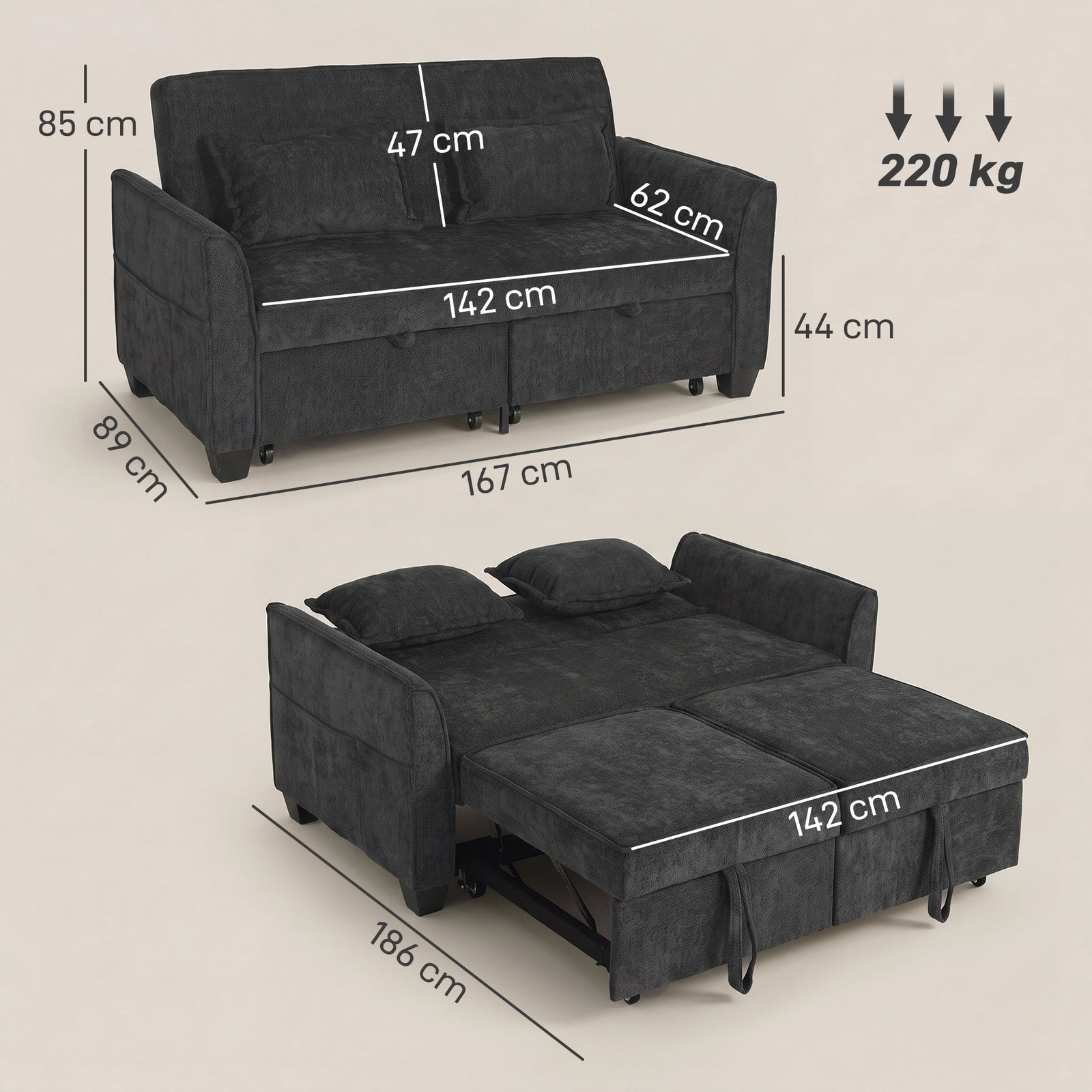 HOMCOM 2 Seater Sofa Bed, 4-in-1 L-Shaped Convertible Pull-Out Sleeper Sofa with Adjustable Backrest and Side Pockets, Black