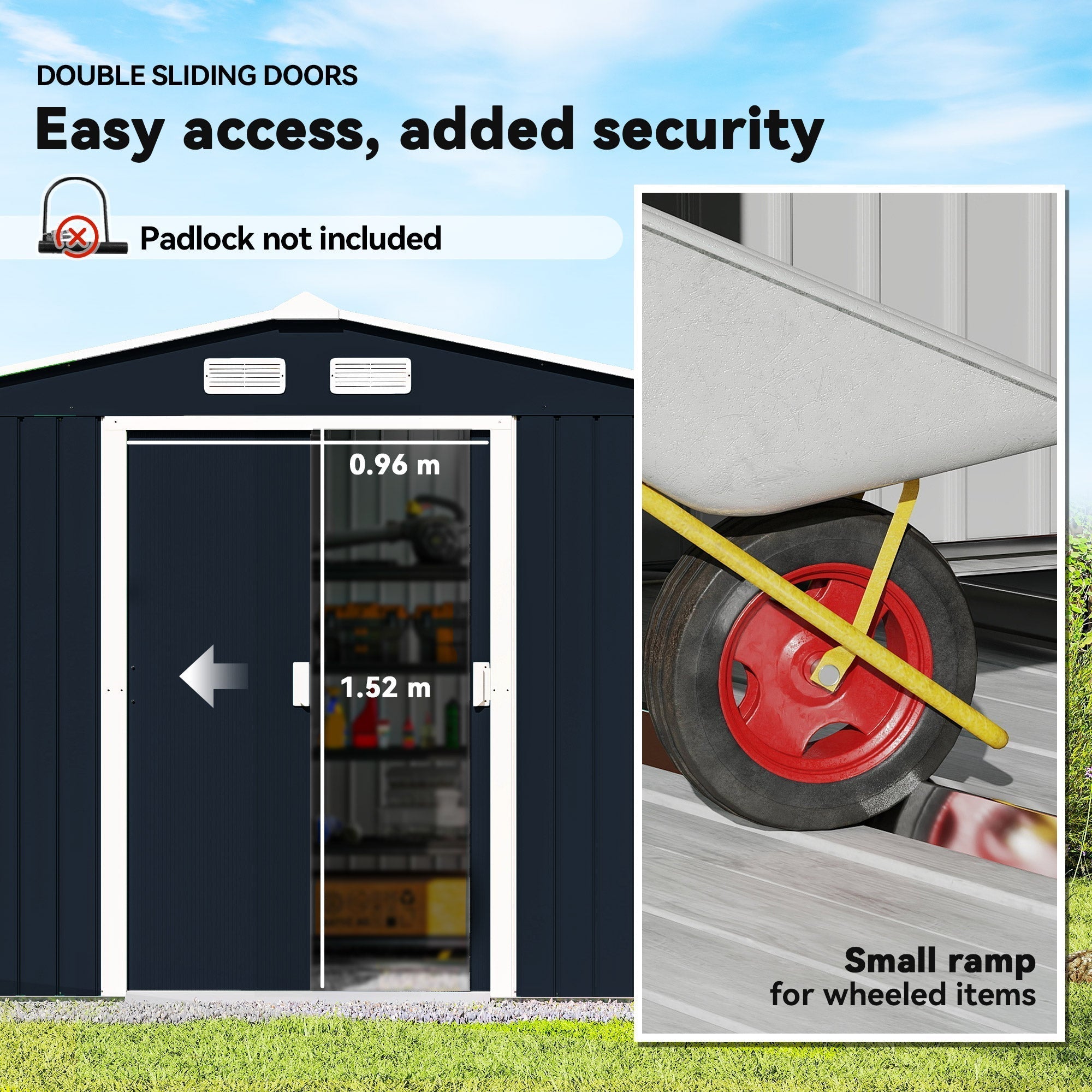 Outsunny 9 x 6ft Metal Bicycle Shed, Outdoor Storage Tool House with Ventilation Slots, Foundation Kit and Lockable Double Doors, Dark Grey