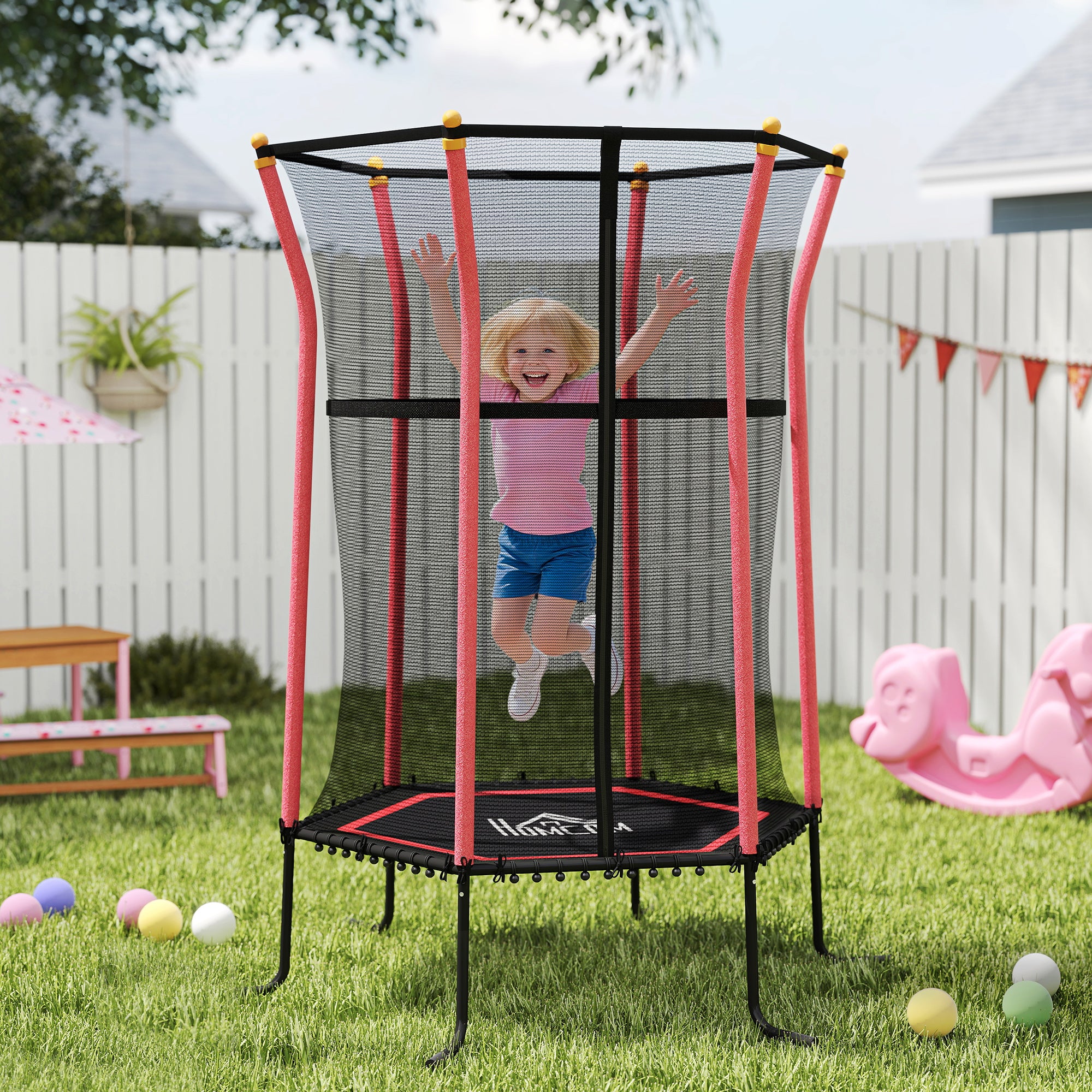 HOMCOM Kids Trampoline Mini Bouncer with Enclosure Safety Net For Ages 3-10 Years - Red