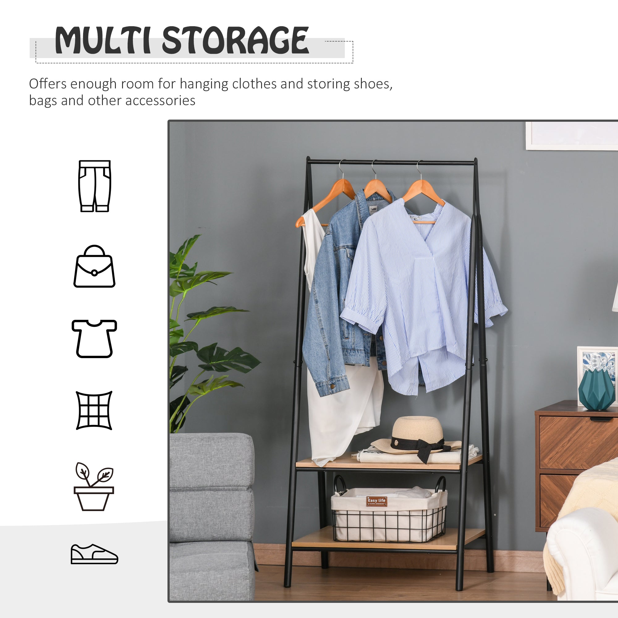 HOMCOM Clothes Rail, Freestanding Metal Clothes Rack with 2 Tier Storage Shelves for Bedroom and Entryway, 64 x 42.5 x 149 cm, Black Frame