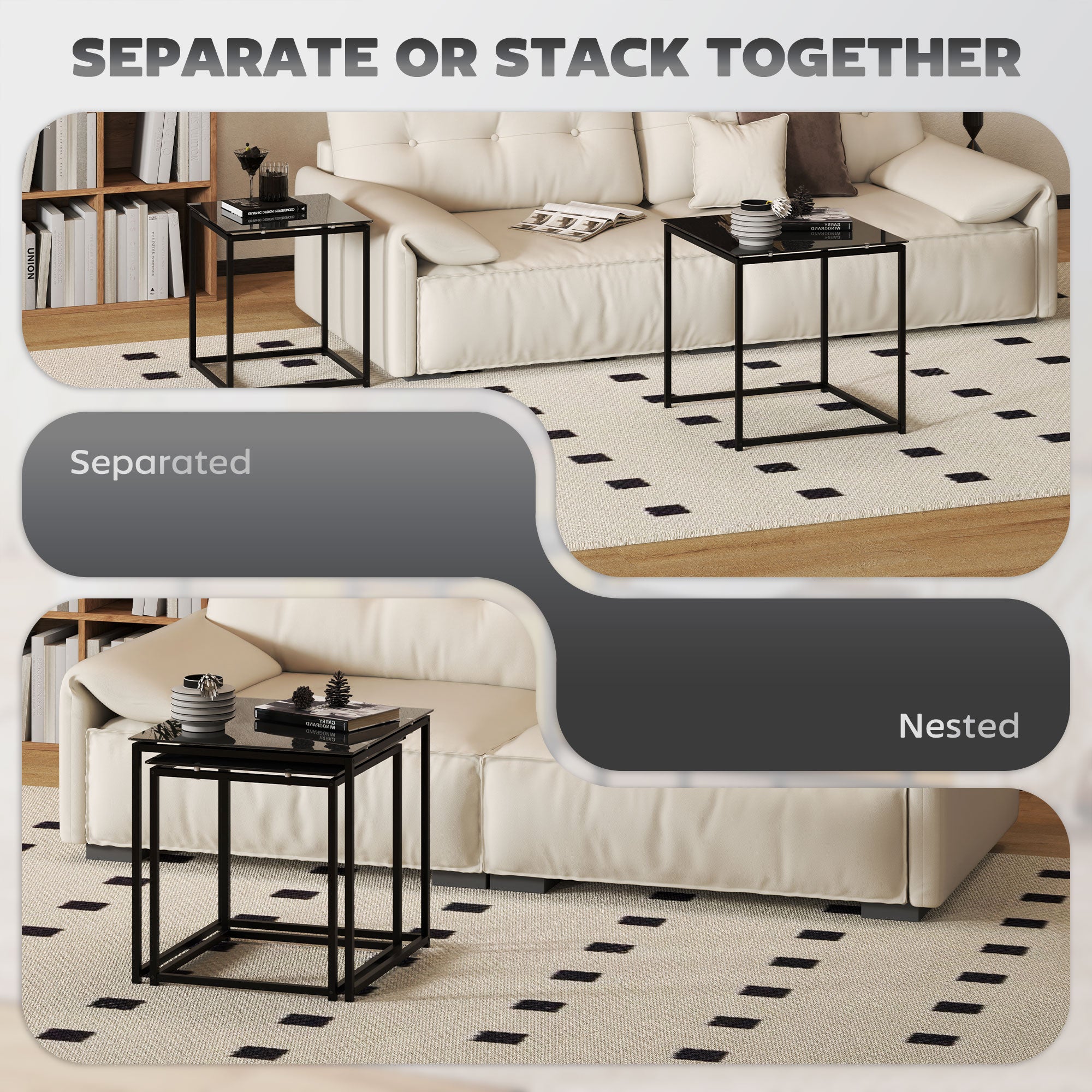 HOMCOM Nest of Tables, Set of 2 Coffee Table, Side Tables with Tempered Glass Desktop and Metal Frame for Living Room, Bedroom, Office, Black