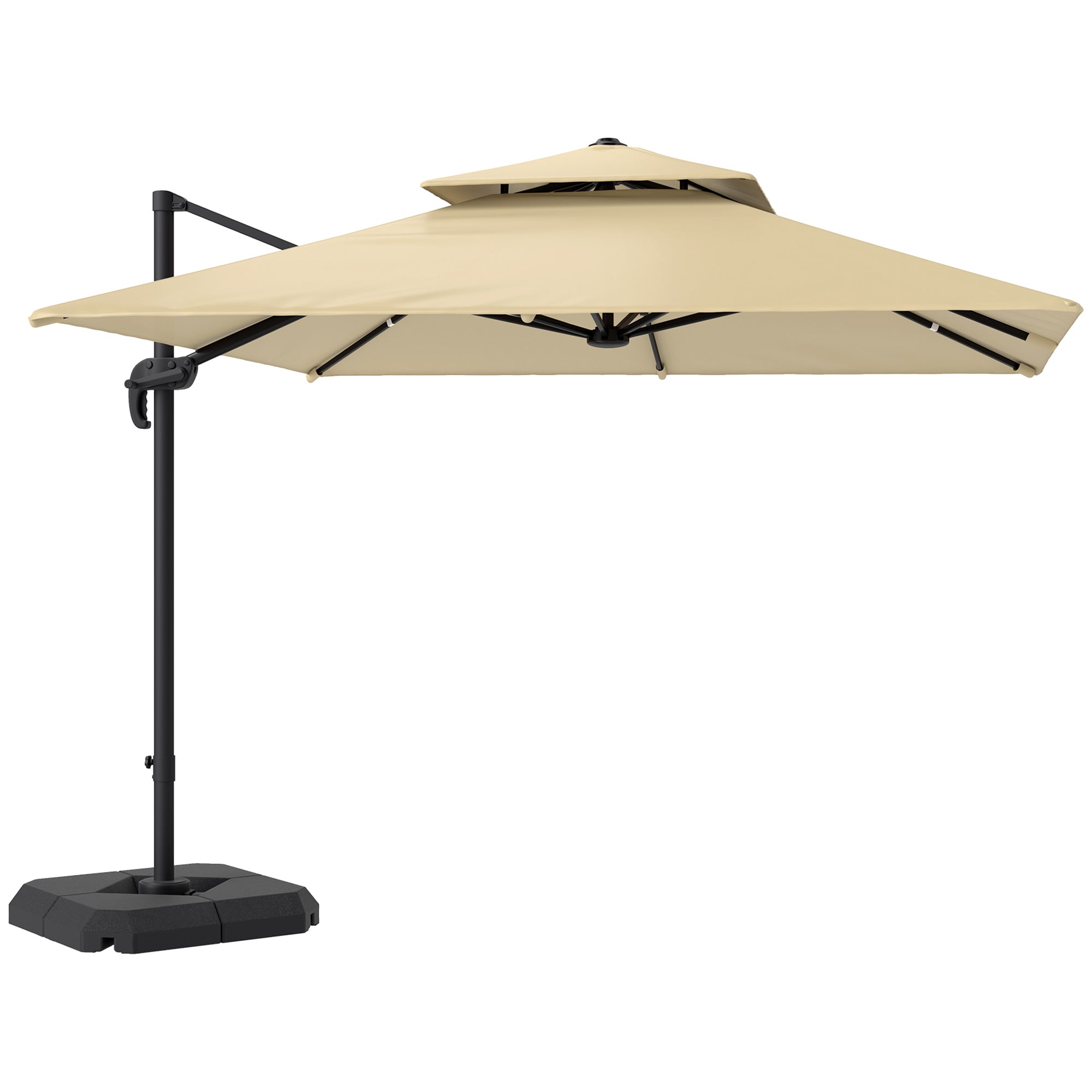 Outsunny 2.7 x 2.7(m) Cantilever Parasol with Aluminium Frame, Crank and Tilt, 360-Degree Rotation, Double Top Garden Umbrella with Base and Cover, Khaki