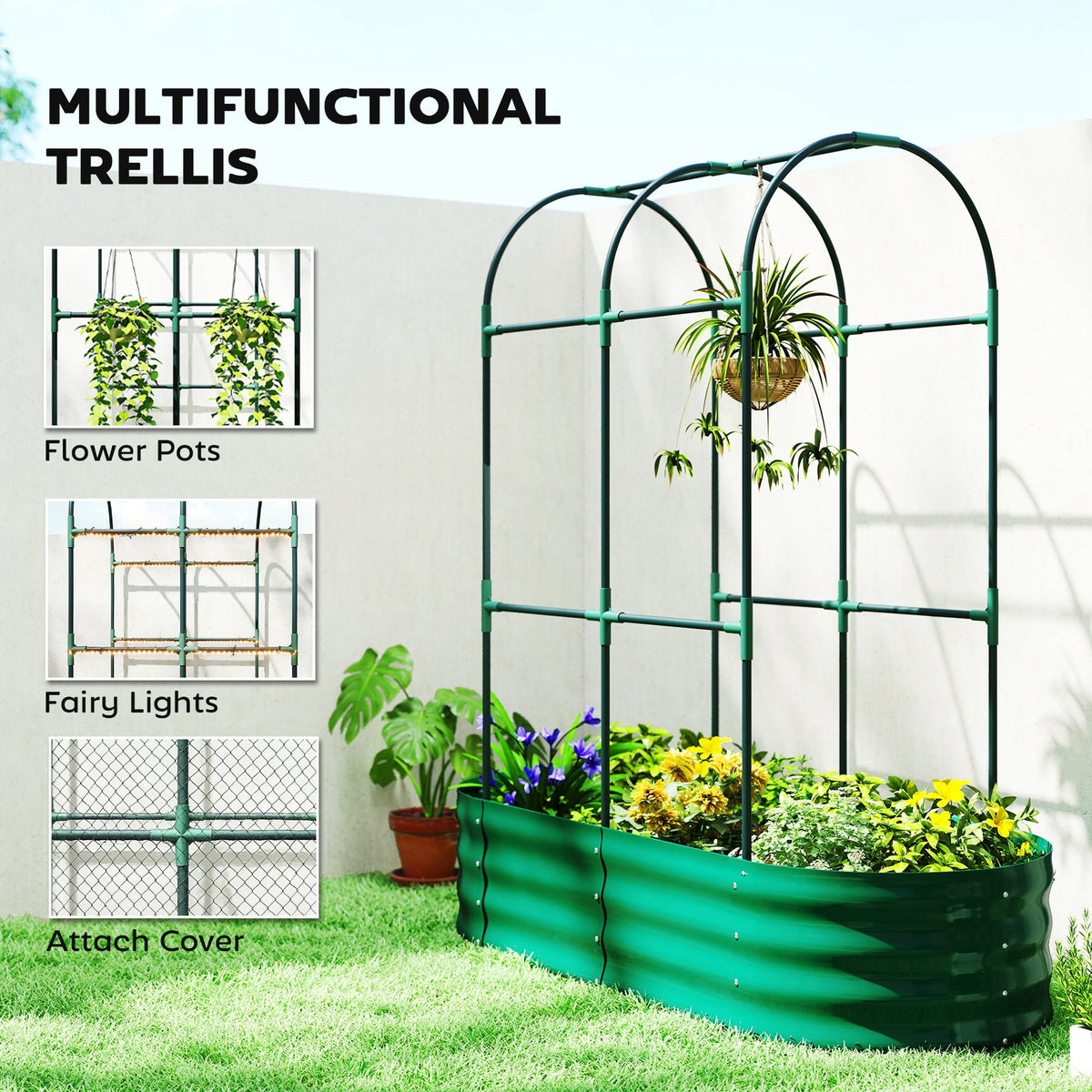 Outsunny Galvanised Raised Garden Bed with Arched Trellis, 4 x 2 x 4.6ft Metal Raised Bed for Garden with Open Bottom, Green