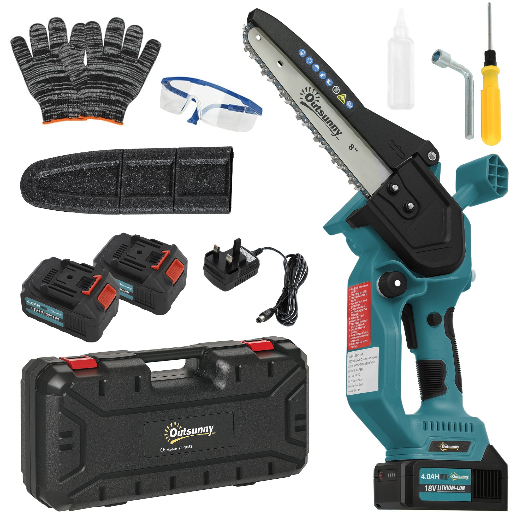 Outsunny Mini Chainsaw Cordless, 8 Inch Electric Chainsaw with 2 x 4000mAh Batteries, Brushless Motor and Safety Lock for Tree Trimming, Garden, Wood Cutting, Blue