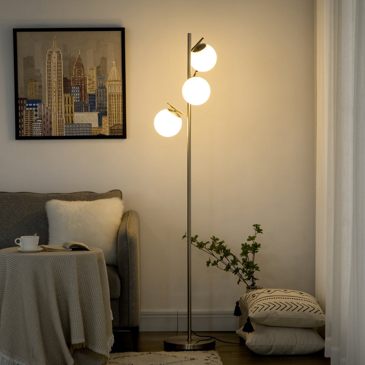 HOMCOM 3-Light Tree Floor Lamps for Living Room, Modern Standing Lamp for Bedroom with Globe Lampshade, Steel Base, Bulb not Included, Silver Tone