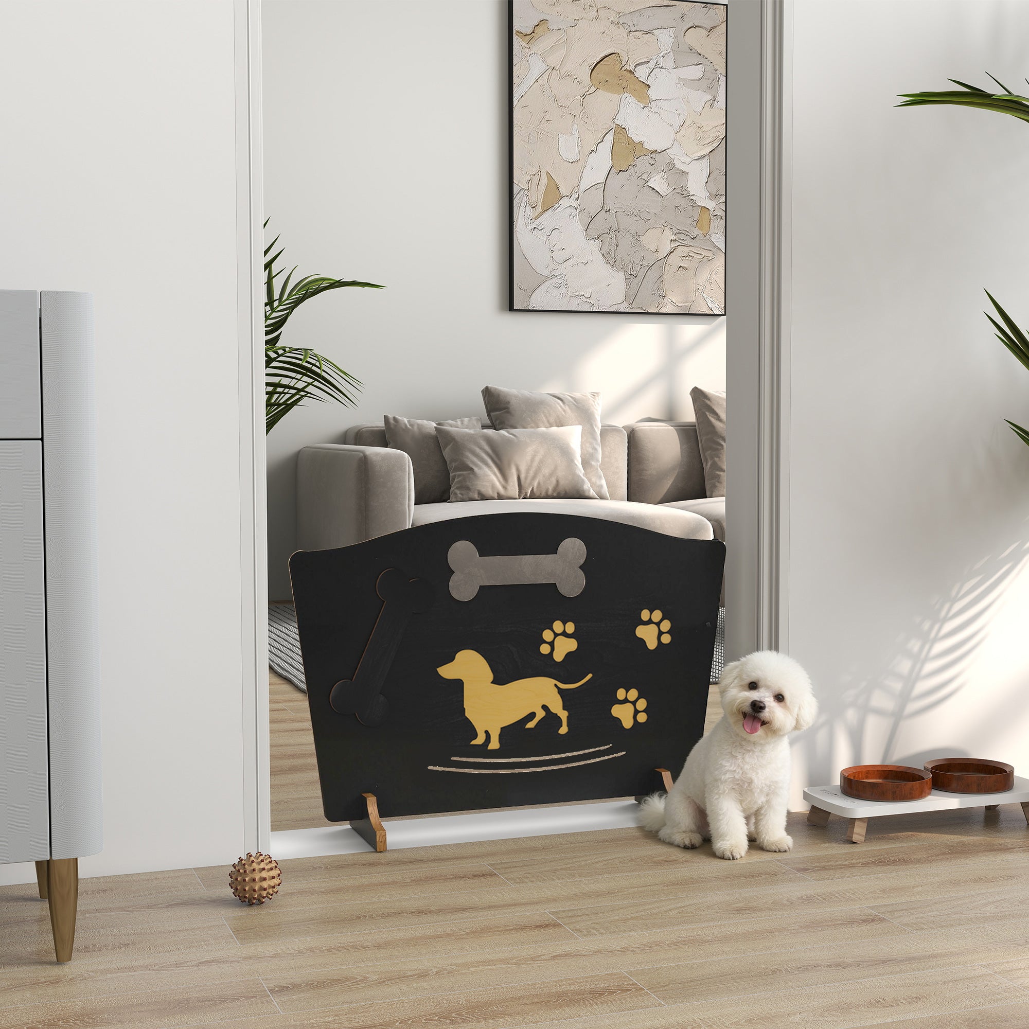 PawHut Wooden Dog Stopper, Dog Barrier with Support Feet, for Stair, Patio, Very Easy Setup, Black, 75 x 51 cm