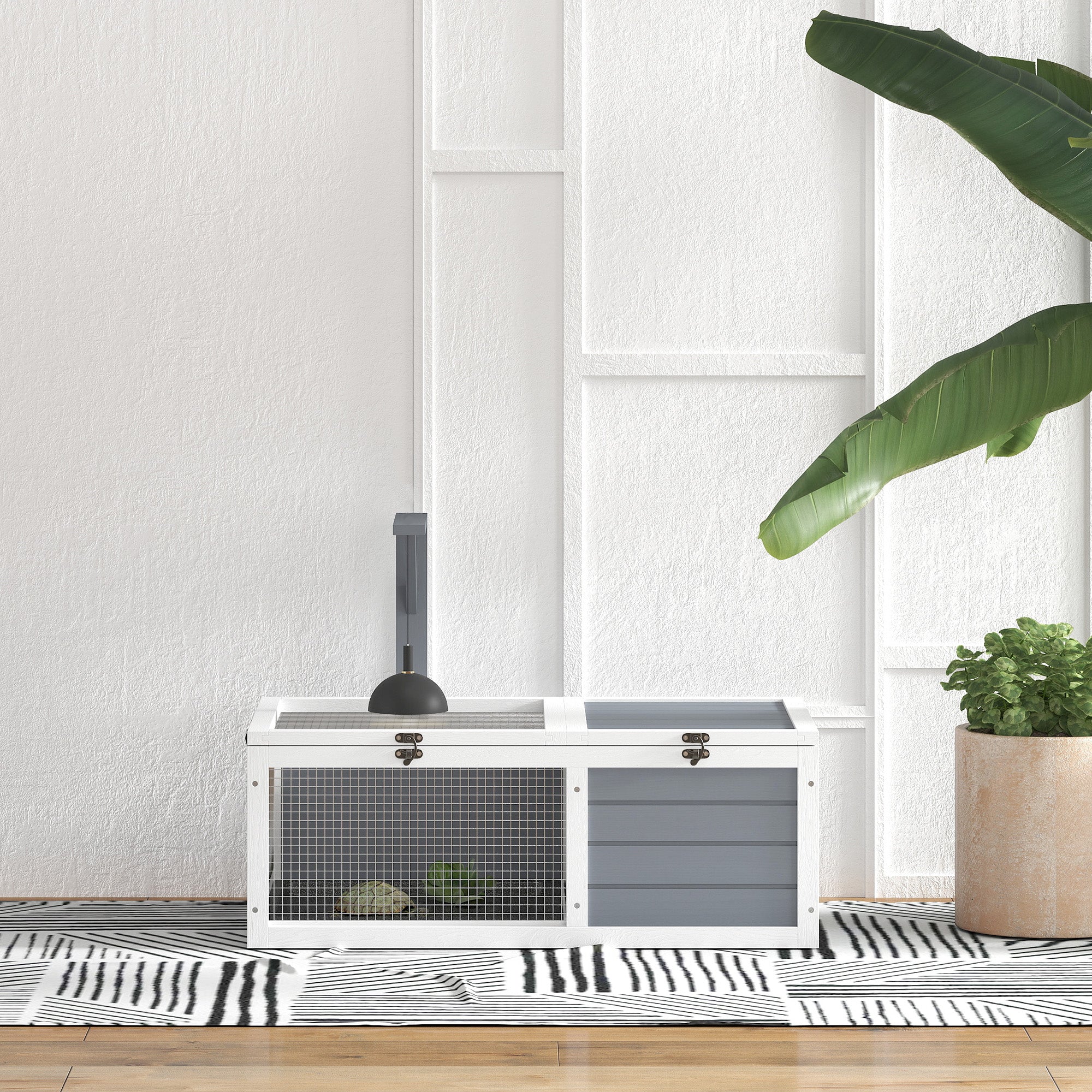 PawHut Wooden Tortoise Enclosure, Tortoise House w/ Lamp Holder, for Outdoor, Indoor, Light Grey