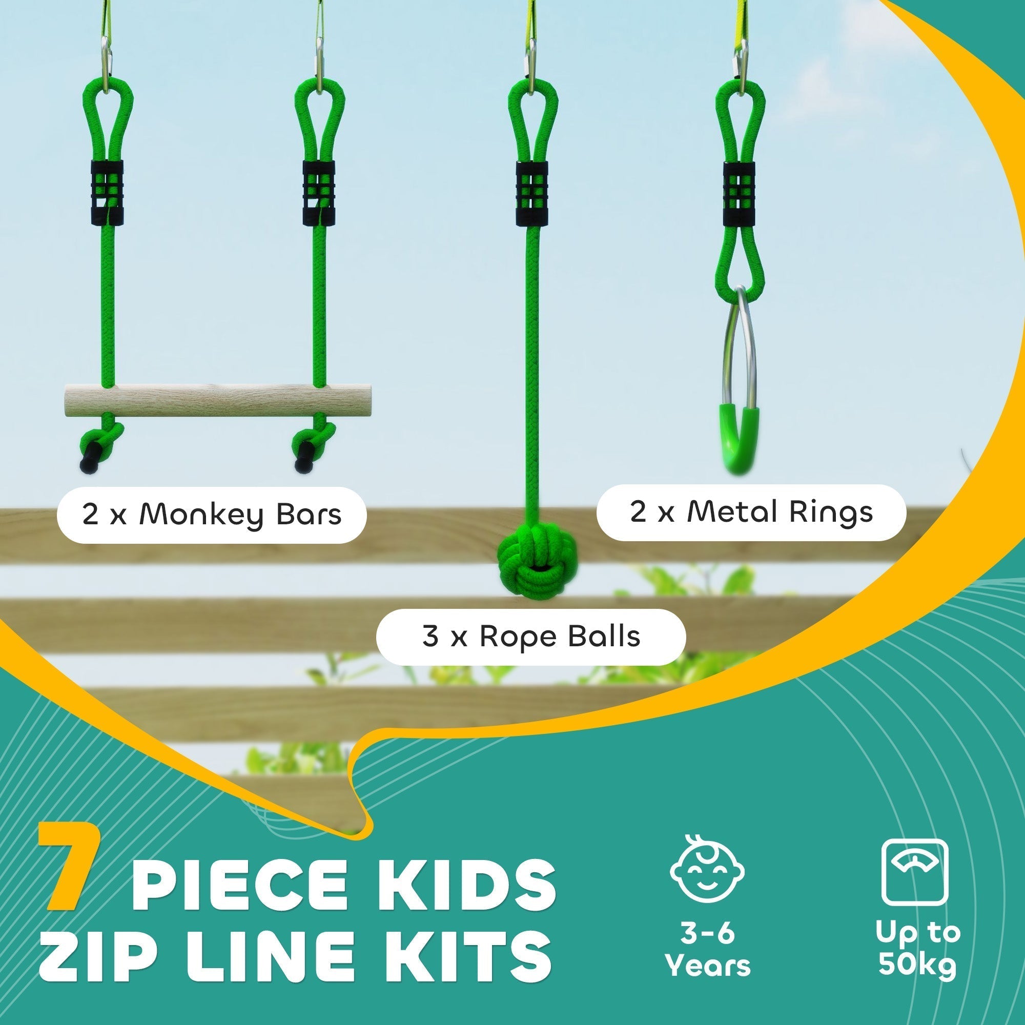 AIYAPLAY 7-Piece Kids Zip Line Kit for Garden, 10m Kids Slackline Kit with Wooden Monkey Bars, Metal Rings, Gripping Balls, Green