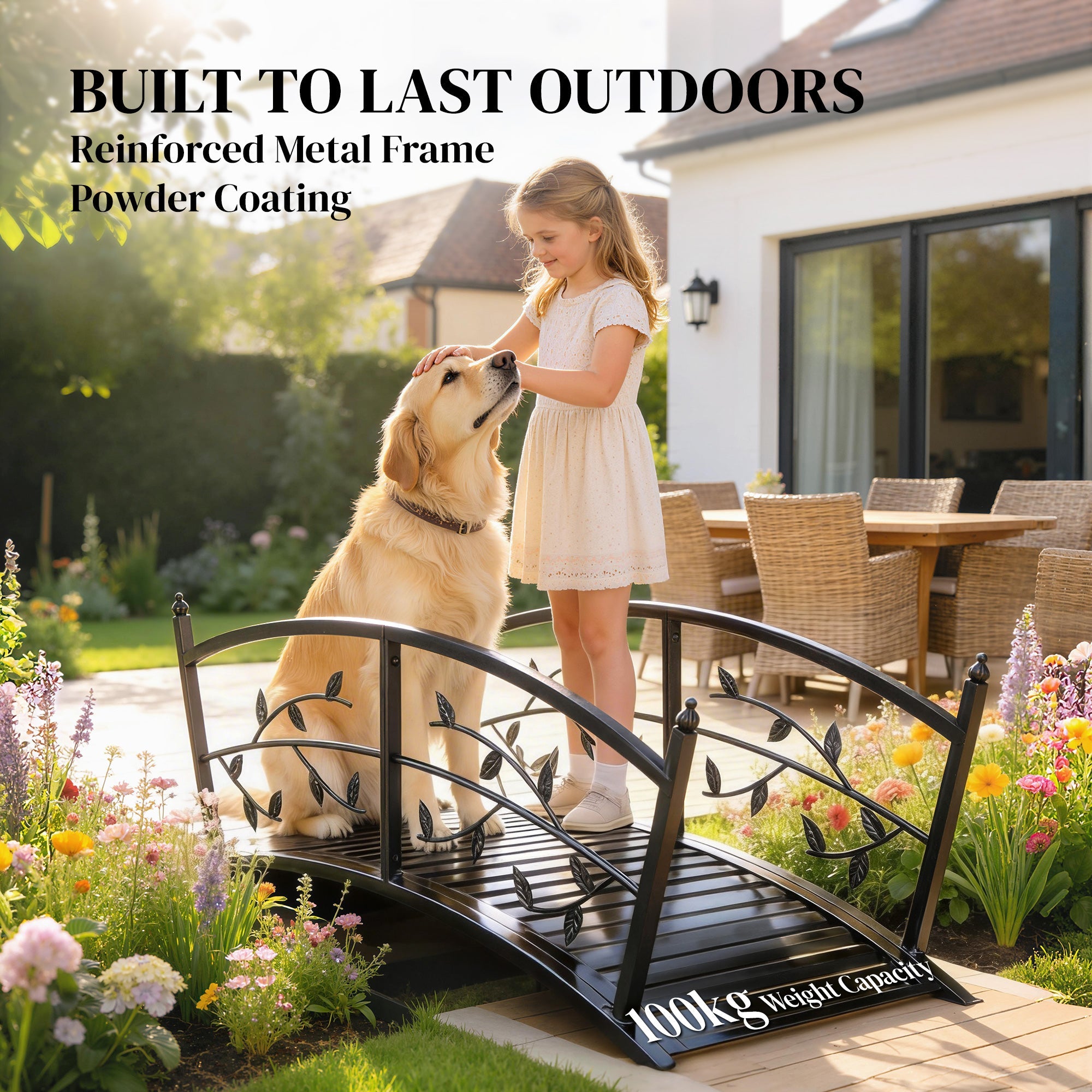 Outsunny 1.2M Metal Garden Bridge with Safety Railings, Outdoor Pond Bridge, Arch Decorative Footbridge for Creek Stream