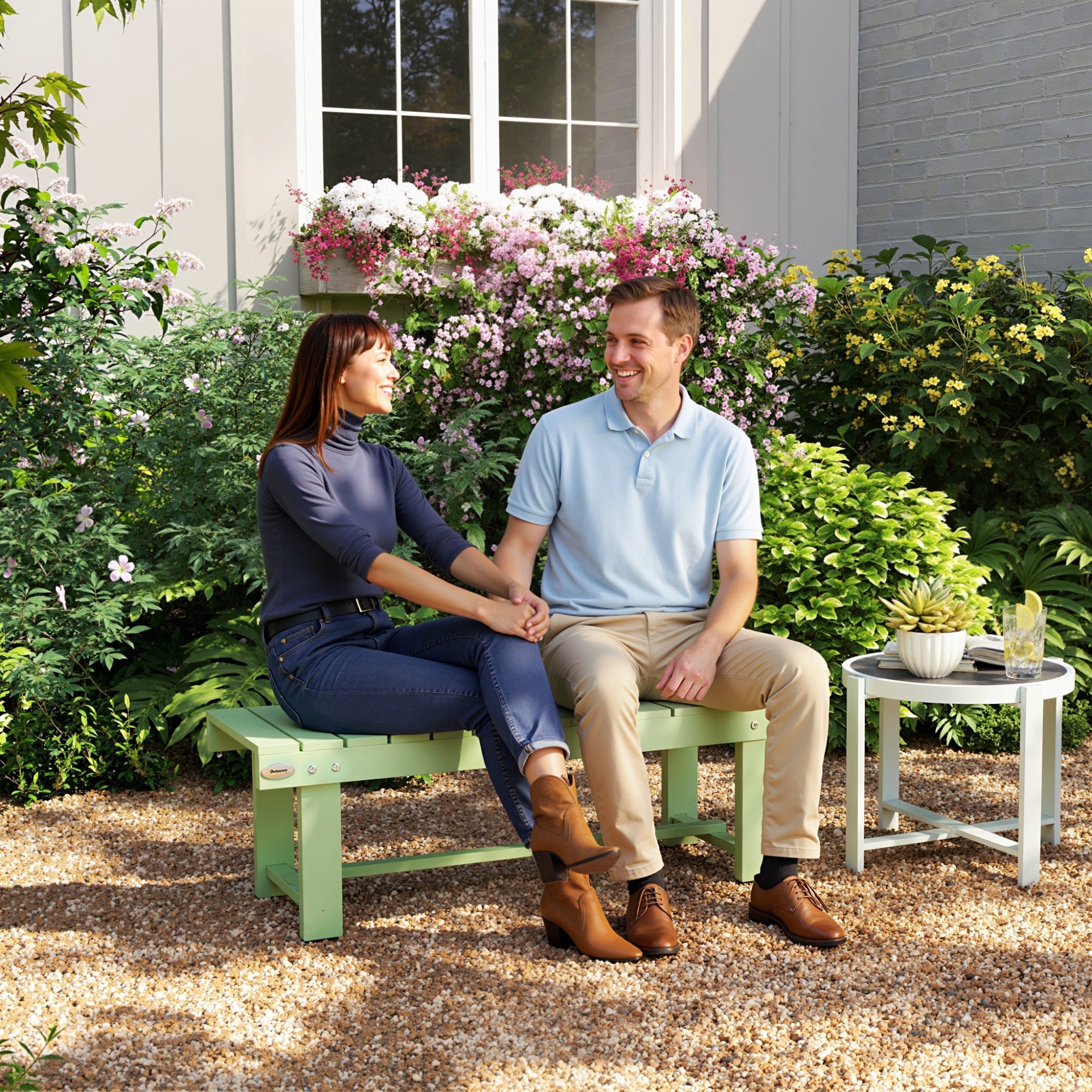 Outsunny Wooden Garden Bench, Backless Outdoor Loveseat with Slatted Seat, Light Green