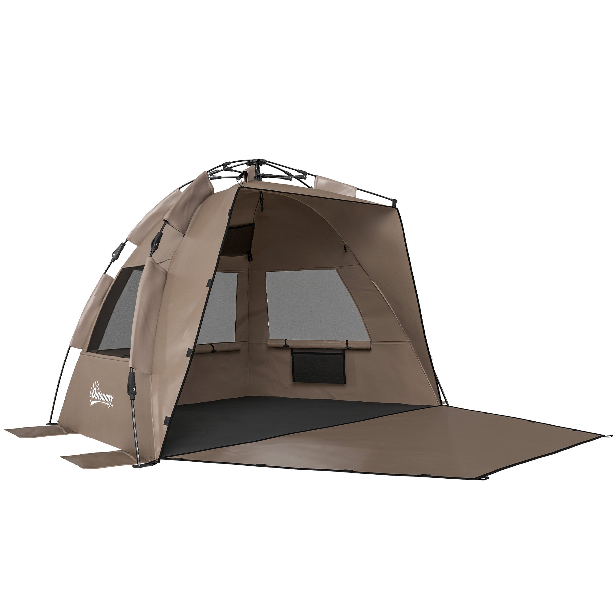 Outsunny 2-3 Person Pop Up Beach Tent, UPF15+ Sun Shelter with Extended Floor, Sandbags, Mesh Windows and Carry Bag, Brown