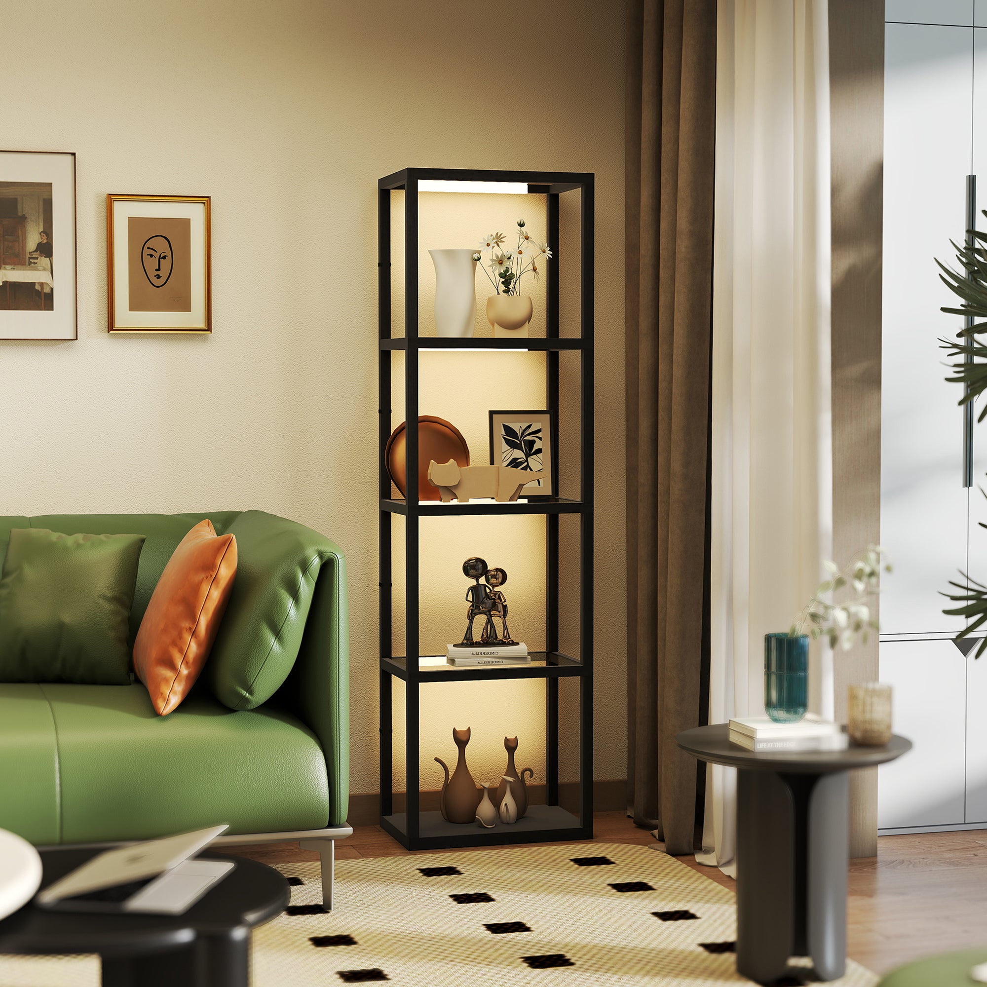 HOMCOM LED Floor Lamp with Glass Shelves, 4 Layers Dimmable Tall Standing Lamp, Modern Column Shelf Floor Light for Living Room, Bedroom, Office, Black