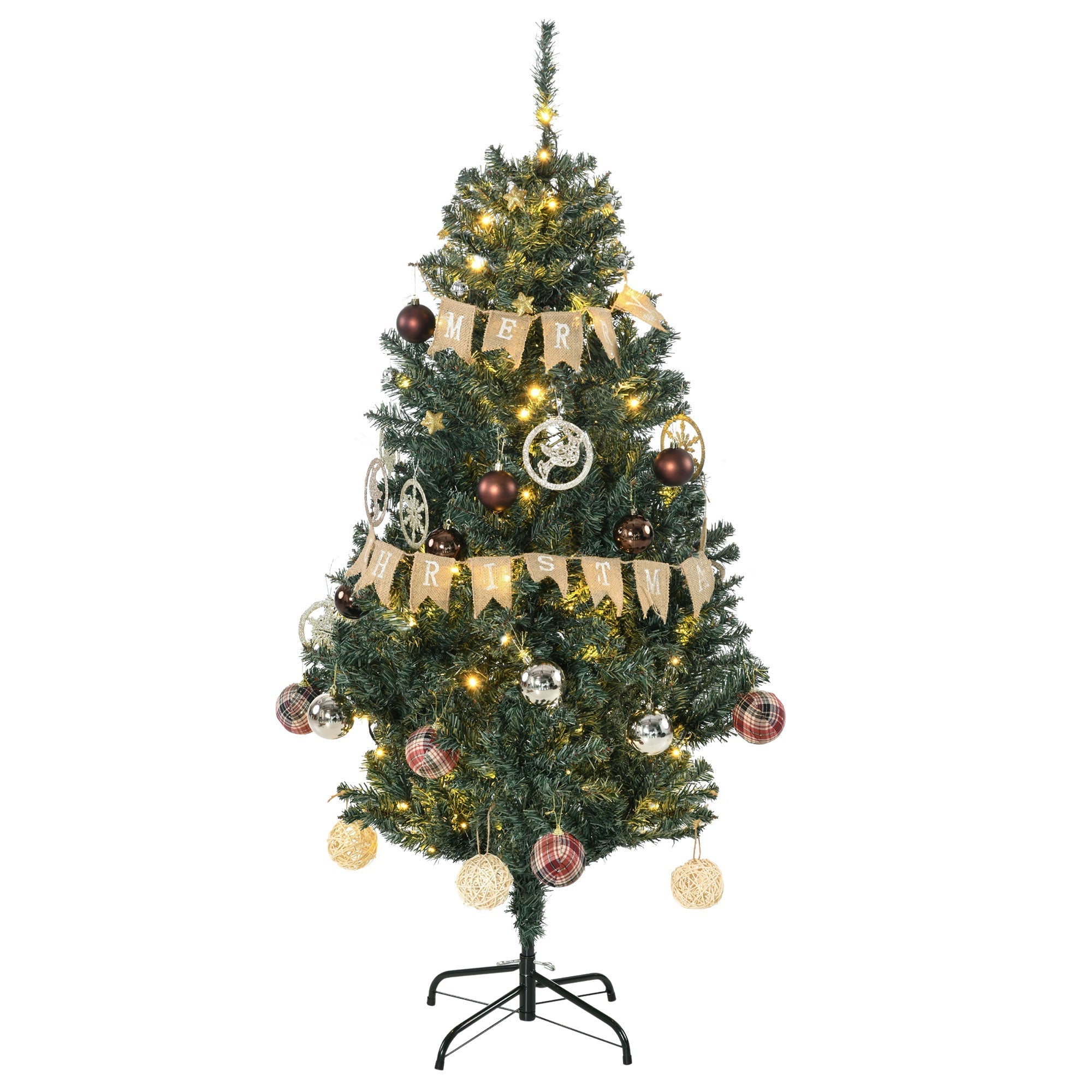 HOMCOM 5' Artificial Prelit Christmas Trees Holiday DÃ©cor with Warm White LED Lights, Decoration, Banner, Tag, Ball