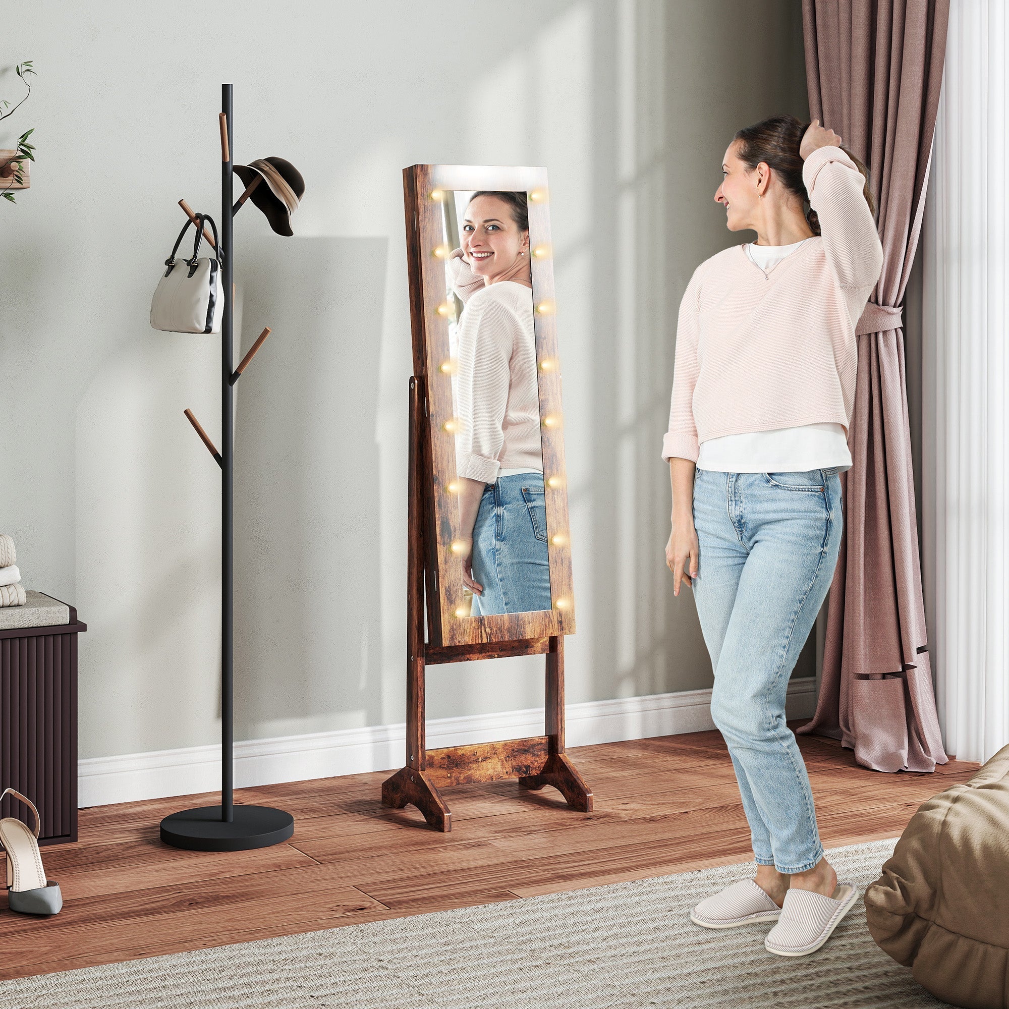 HOMCOM Freestanding Mirrored Jewellery Storage Cabinet - Wood-Effect