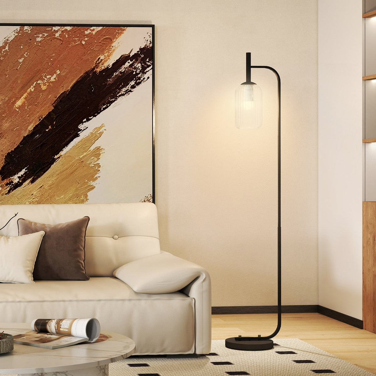HOMCOM Floor Lamp for Living Room with Glass Lampshade, Modern Standing Lamp with Foot Switch for Bedroom, Bulb not Included, Black