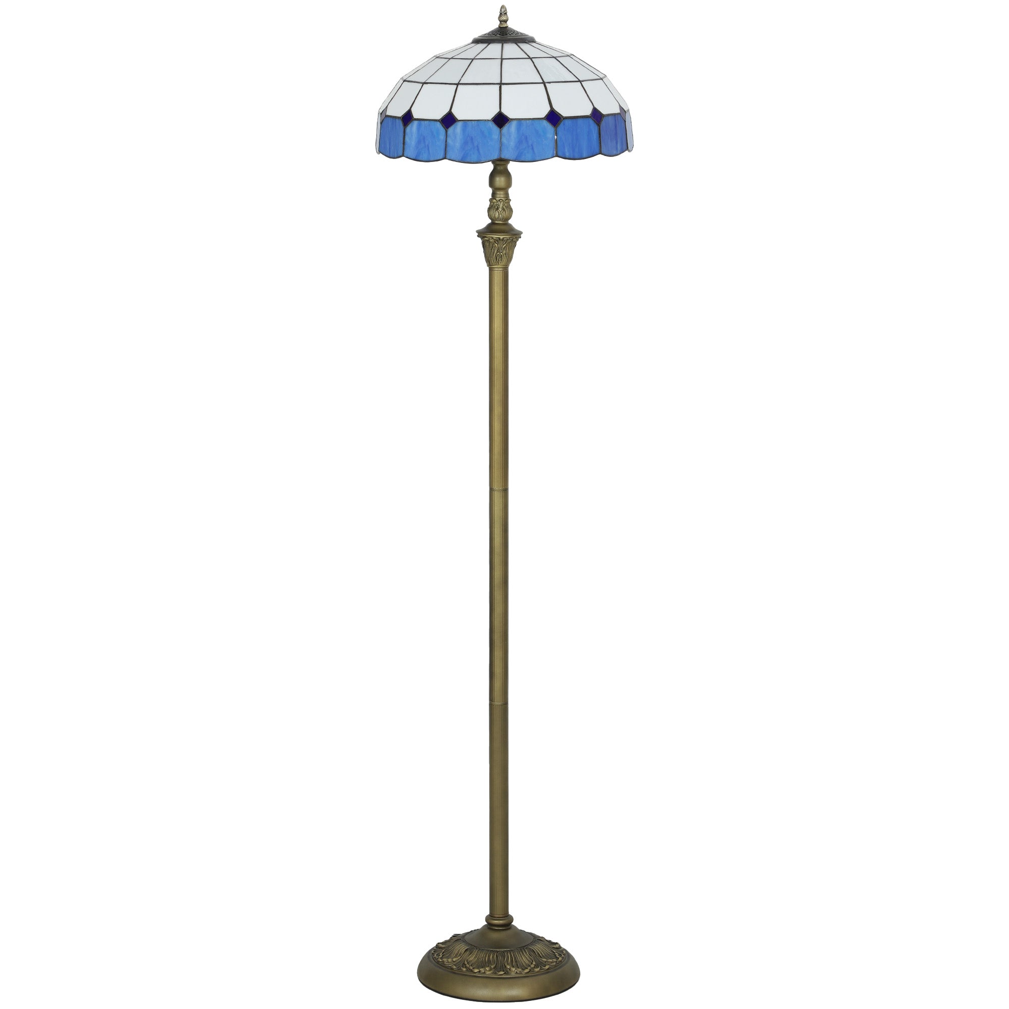 HOMCOM Tiffany-Style Floor Lamp with Handcrafted Stained Glass Shade, 152cm Tall Vintage Standing Lamp with Foot Switch and Dual Sockets for Living Room Bedroom, Bronze Tone and Blue