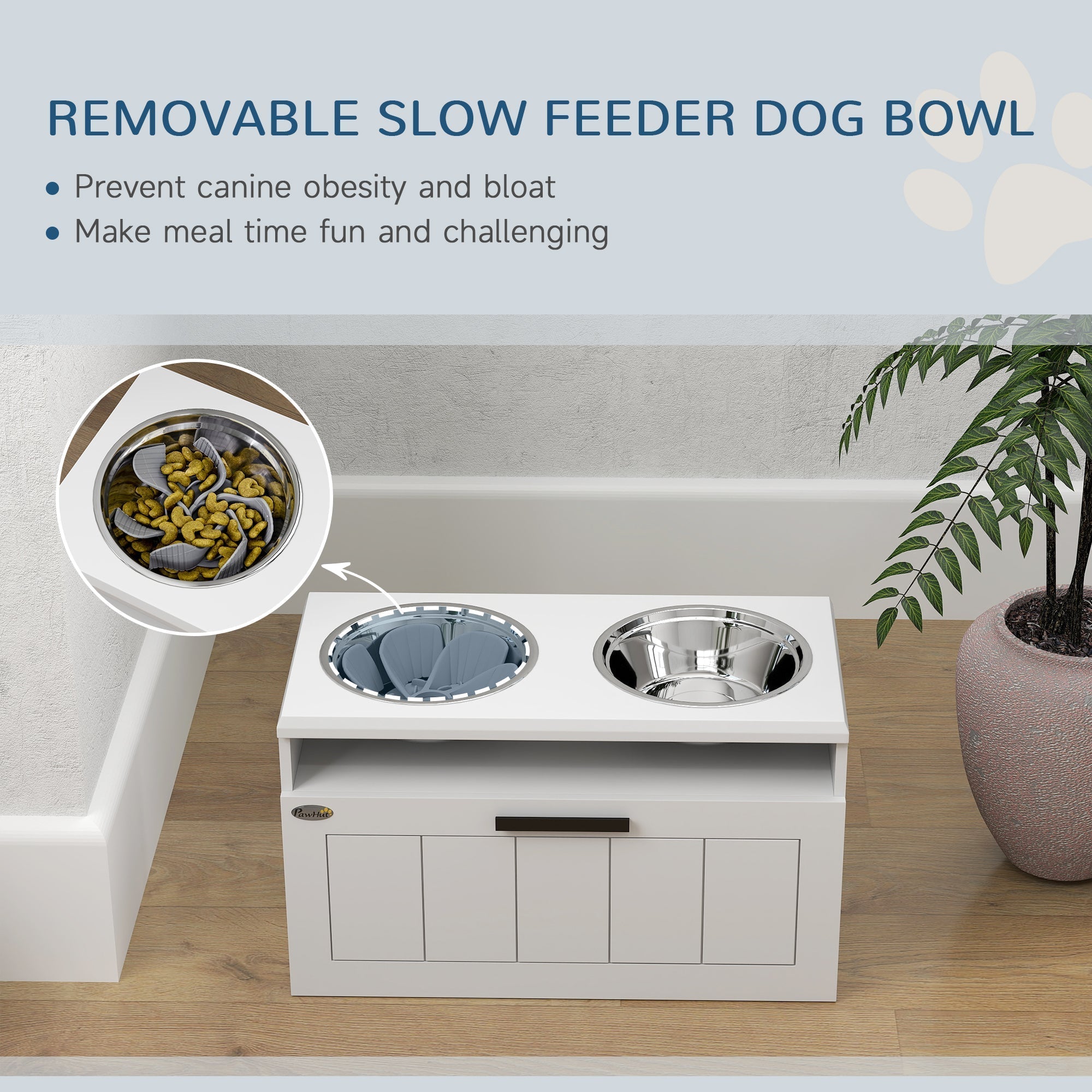 PawHut Raised Dog Bowl with Slow Feeder, Two Stainless Steel Dog Bowls, Drawer, for Large and Extra Large Dogs, White