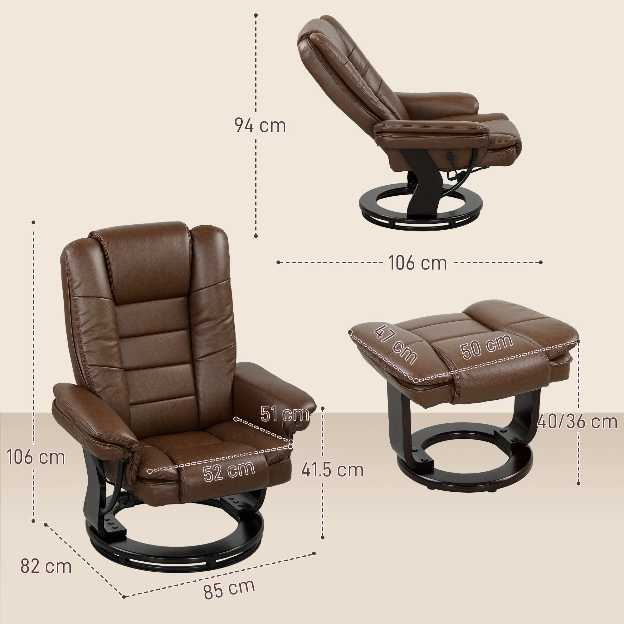 HOMCOM Faux Leather 135√Ç¬∞ Reclining Chair and Footstool - Brown