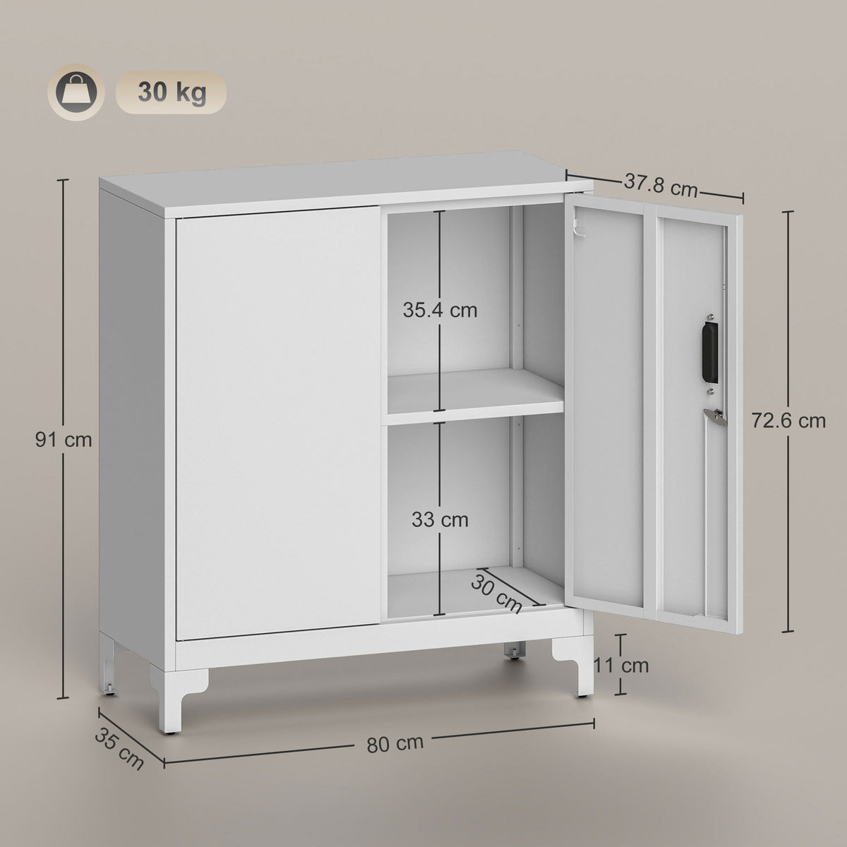 HOMCOM Lockable Metal Filing Cabinet, 2-Tier Storage Cupboard with Double Doors, Modern Office Organiser, White