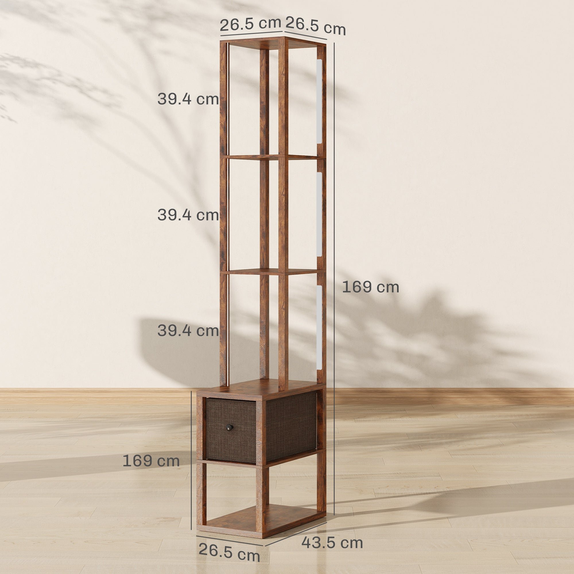 HOMCOM Floor Lamp with Shelves, LED Column Modern Standing Lamp with Fabric Drawer, Adjustable Brightness, Foot Switch for Living Room, Bedroom, Office, Rustic Brown