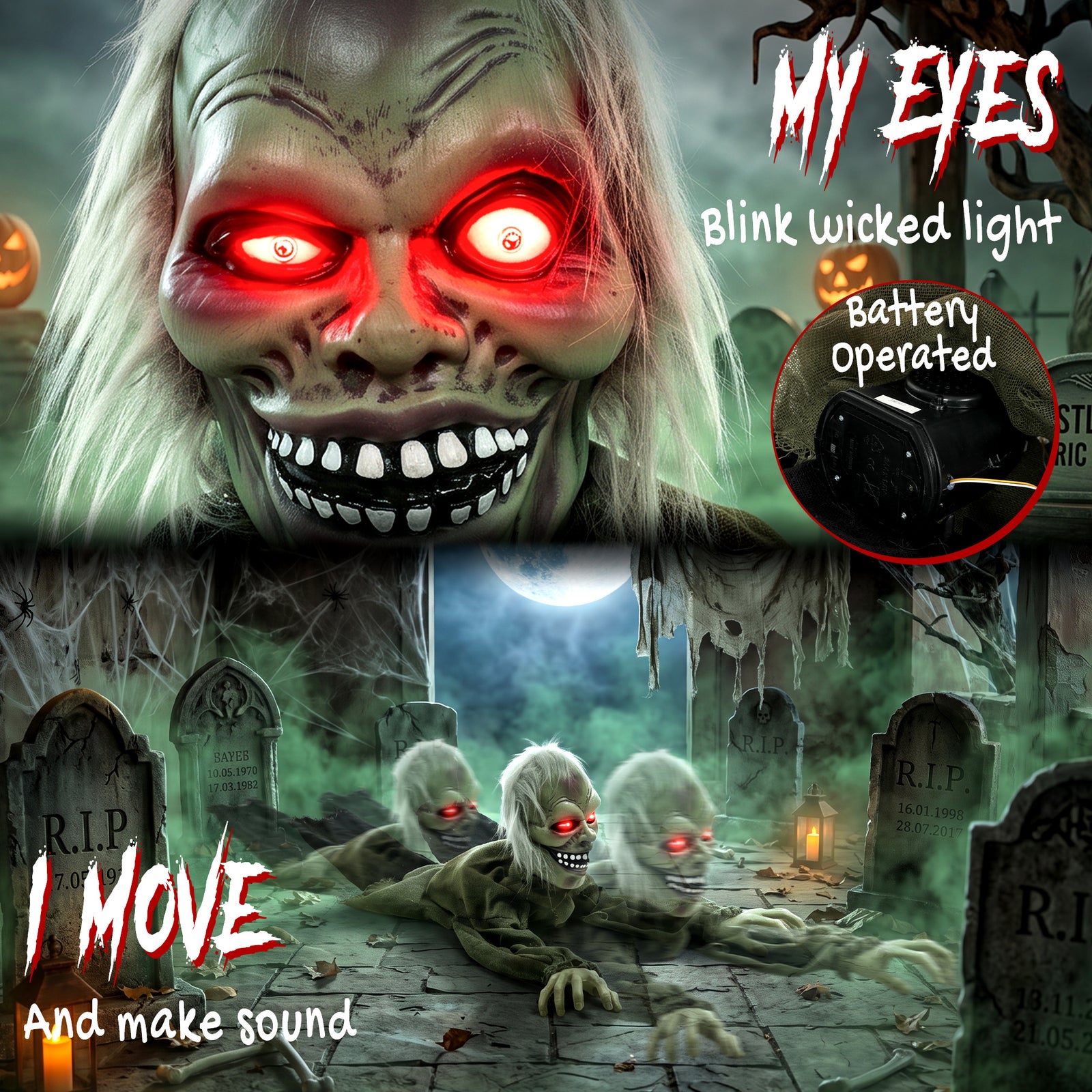 HOMCOM Halloween Decoration Halloween Animatronic Crawling Zombie with Light-Up Eyes and Creepy Sound