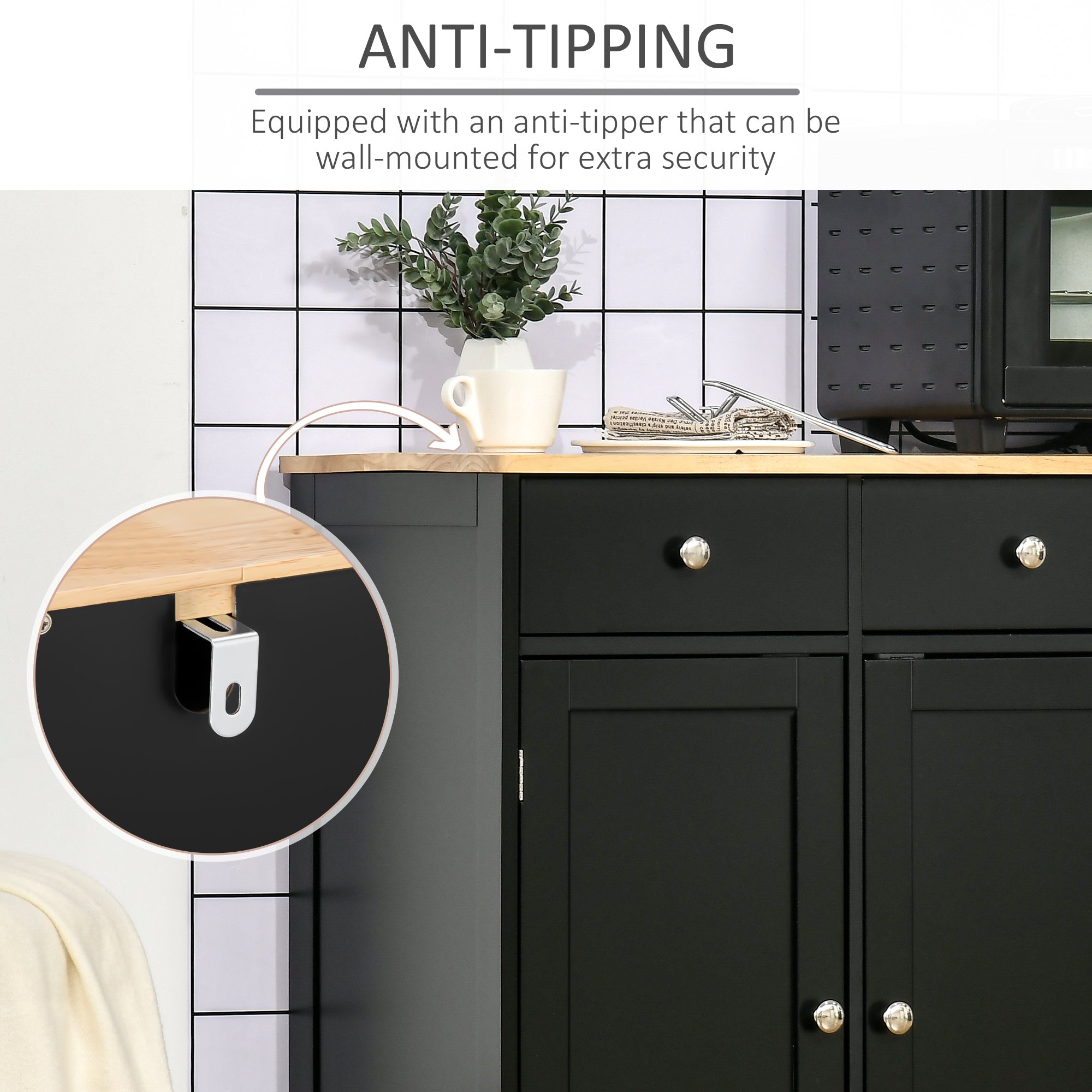 HOMCOM Sideboard with Rubberwood Top and Adjustable Shelves for Dining Room, Kitchen - Black