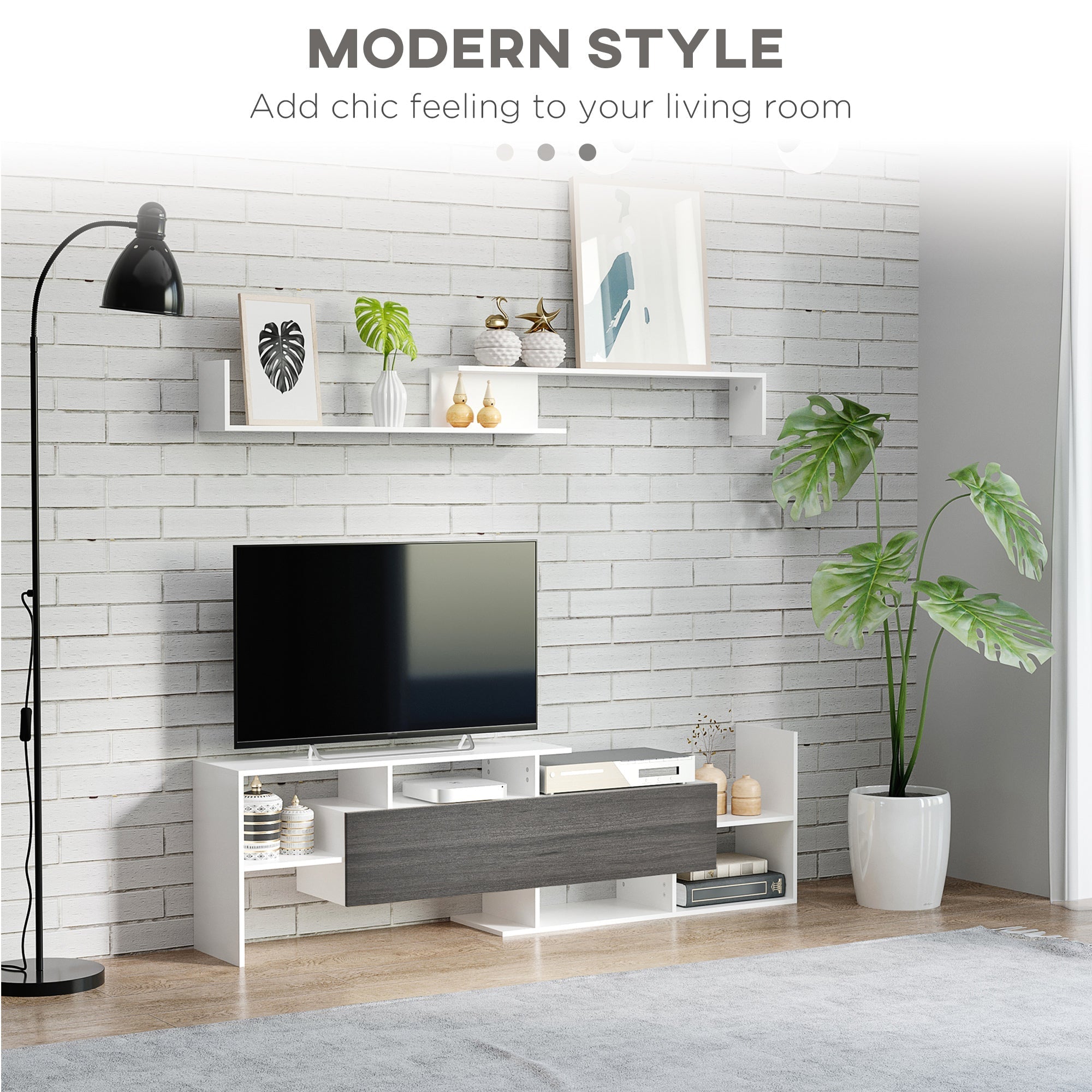 HOMCOM TV Cabinet with Wall Shelf for Wall-Mounted 65" TVs or Standing 40" TVs - White and Grey