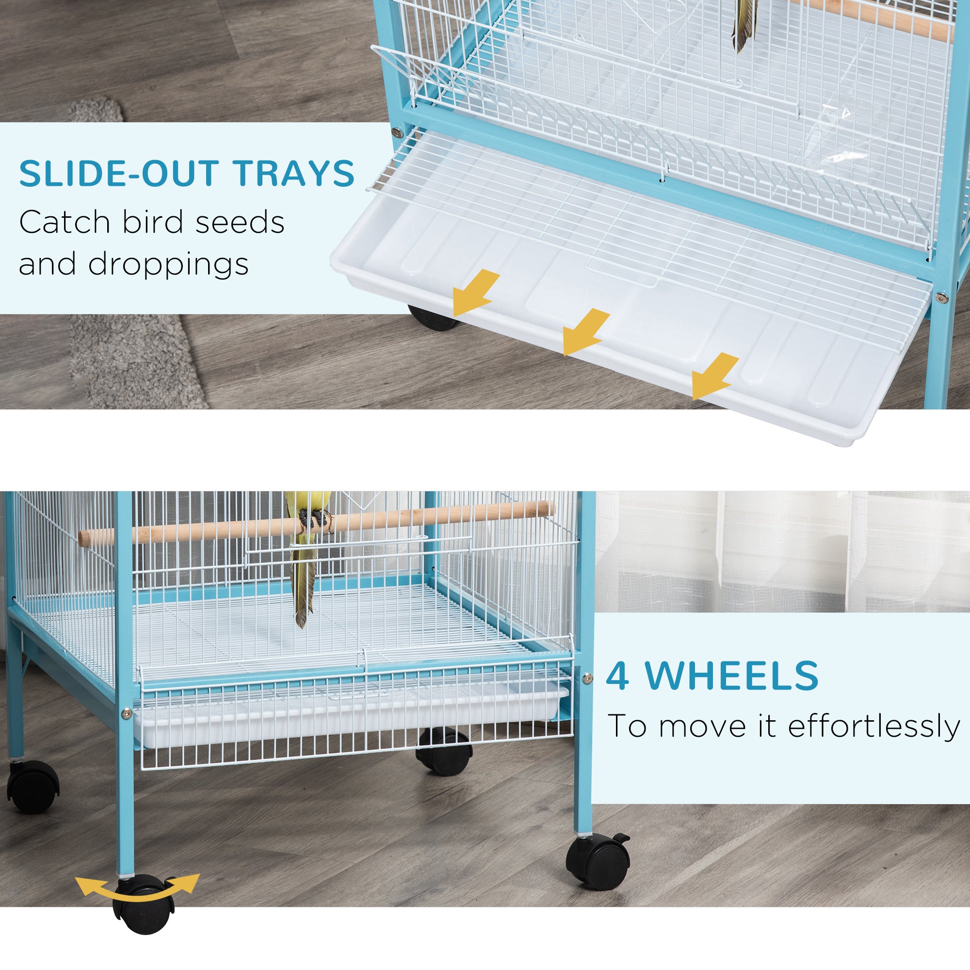 PawHut Bird Cage Budgie Cage 2 In 1 Large Aviary with Wheels Removable Trays for Finch Canaries Cockatiels Light Blue