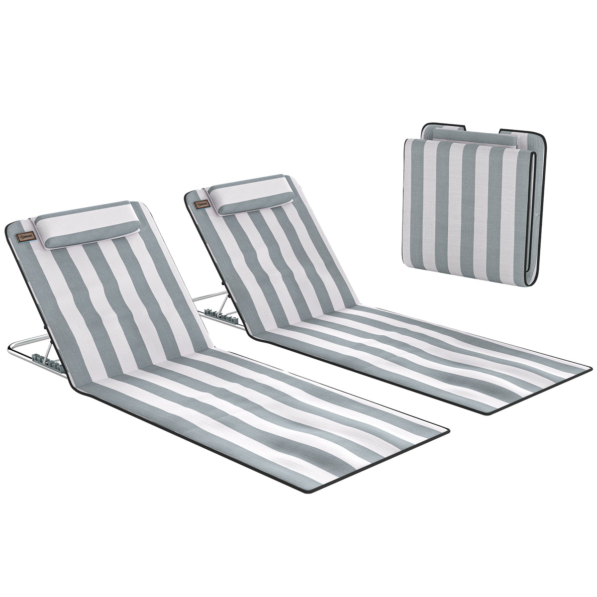 Outsunny Set of 2 Foldable Garden Beach Chair Mat Lightweight Outdoor Sun Lounger Seats Adjustable Back Metal Frame PE Fabric Head Pillow w/ Carry Bag, Light Grey