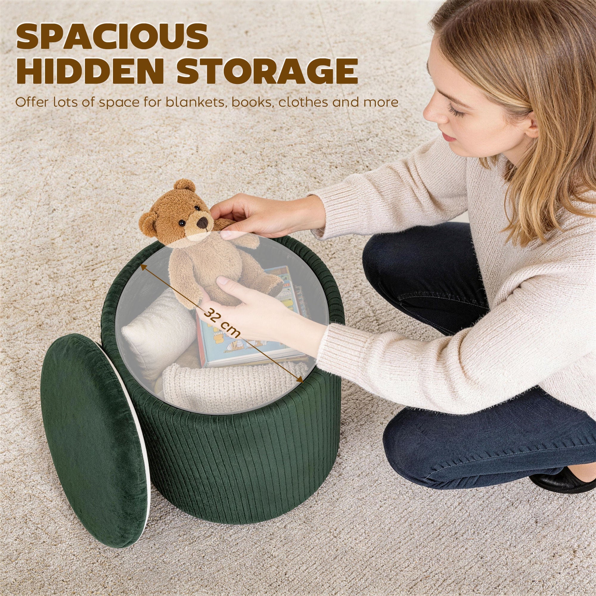 HOMCOM Storage Ottoman Modern Velvet Round Foot Stool for Living Room Bedroom 45 cm Dark Green