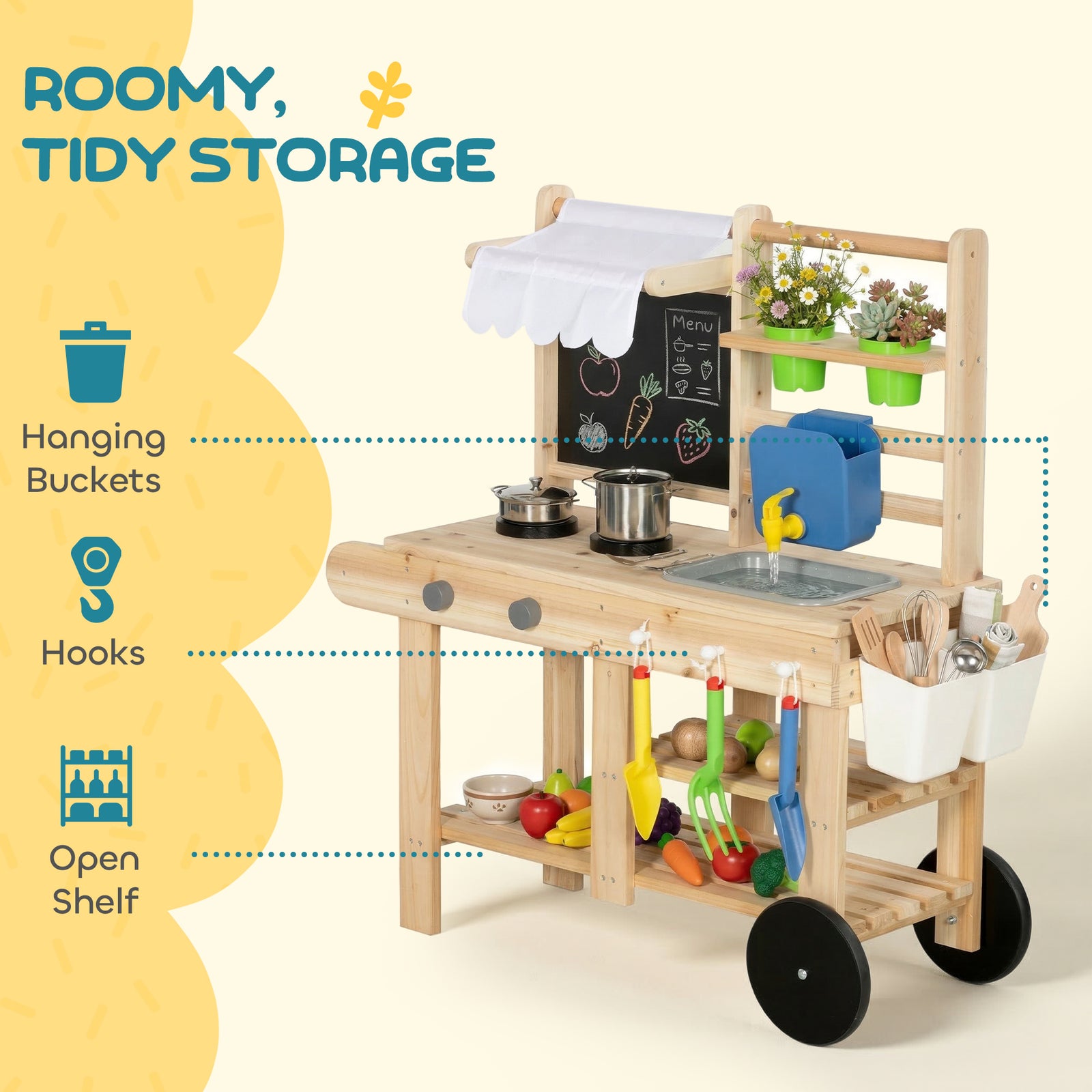 AIYAPLAY Mud Kitchen with Real Water Faucet Pretend Play Kitchen Playset with Sink and Storage Natural Wood
