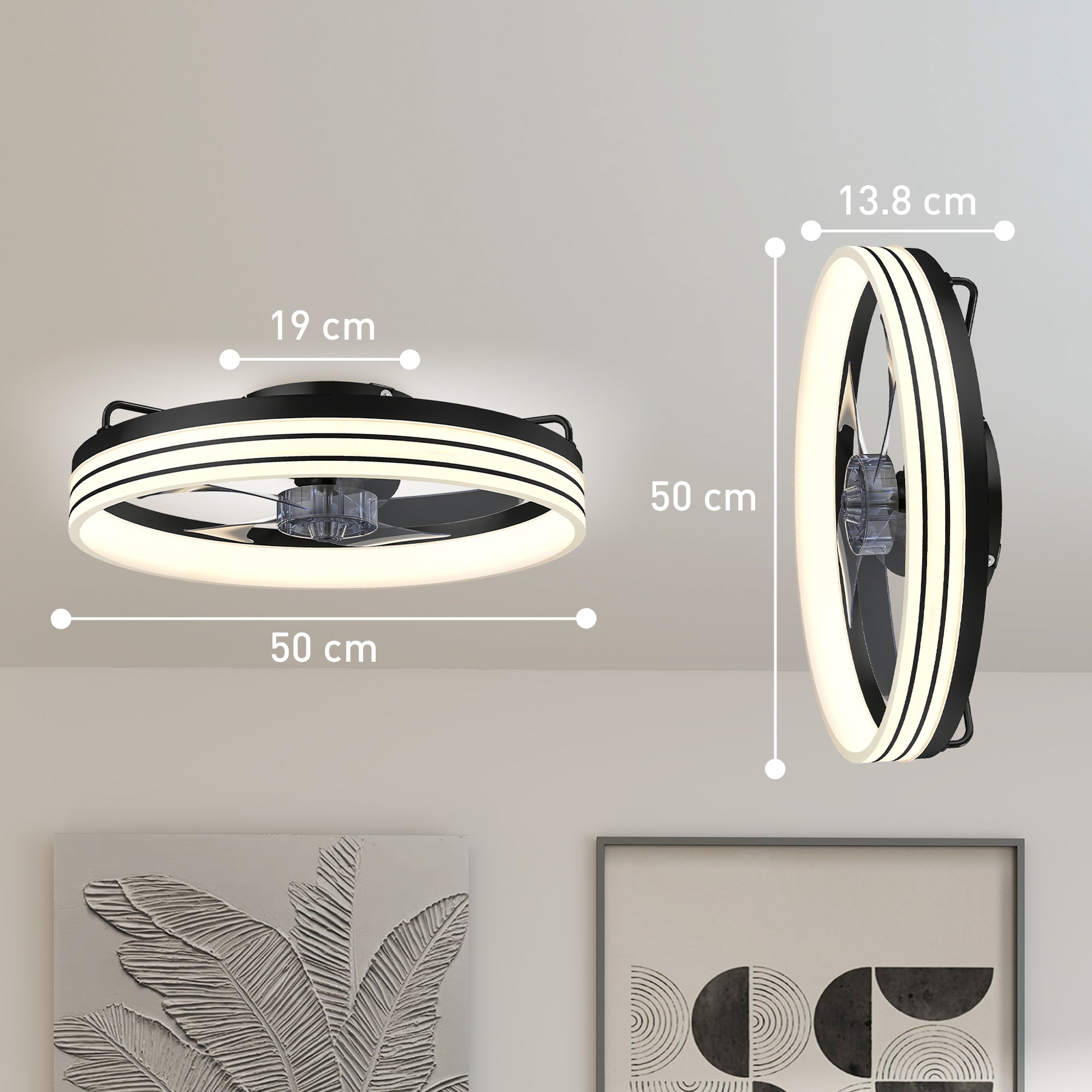 HOMCOM Ceiling Fans with Lights and Remote & App Control, 50cm LED Ceiling Fan Light with 3 Colour Temperatures, 6 Speed, Black