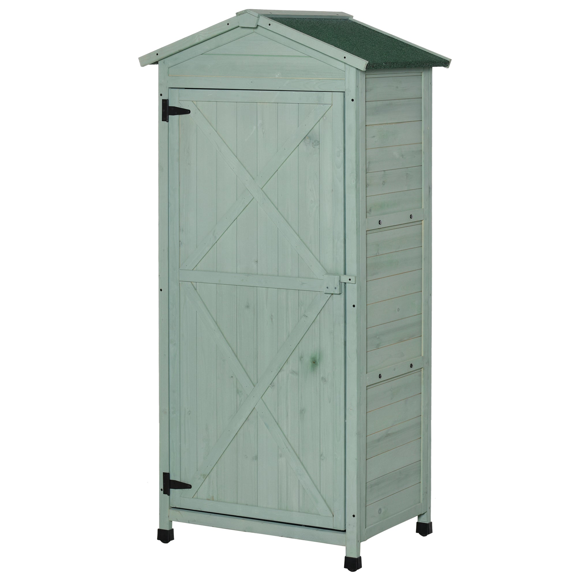 Outsunny Wooden Garden Shed, Outdoor Storage Cabinet with 2 Shelves and Hooks, Locking Organiser Outdoor Narrow Tool House, 74x55x155cm, Green