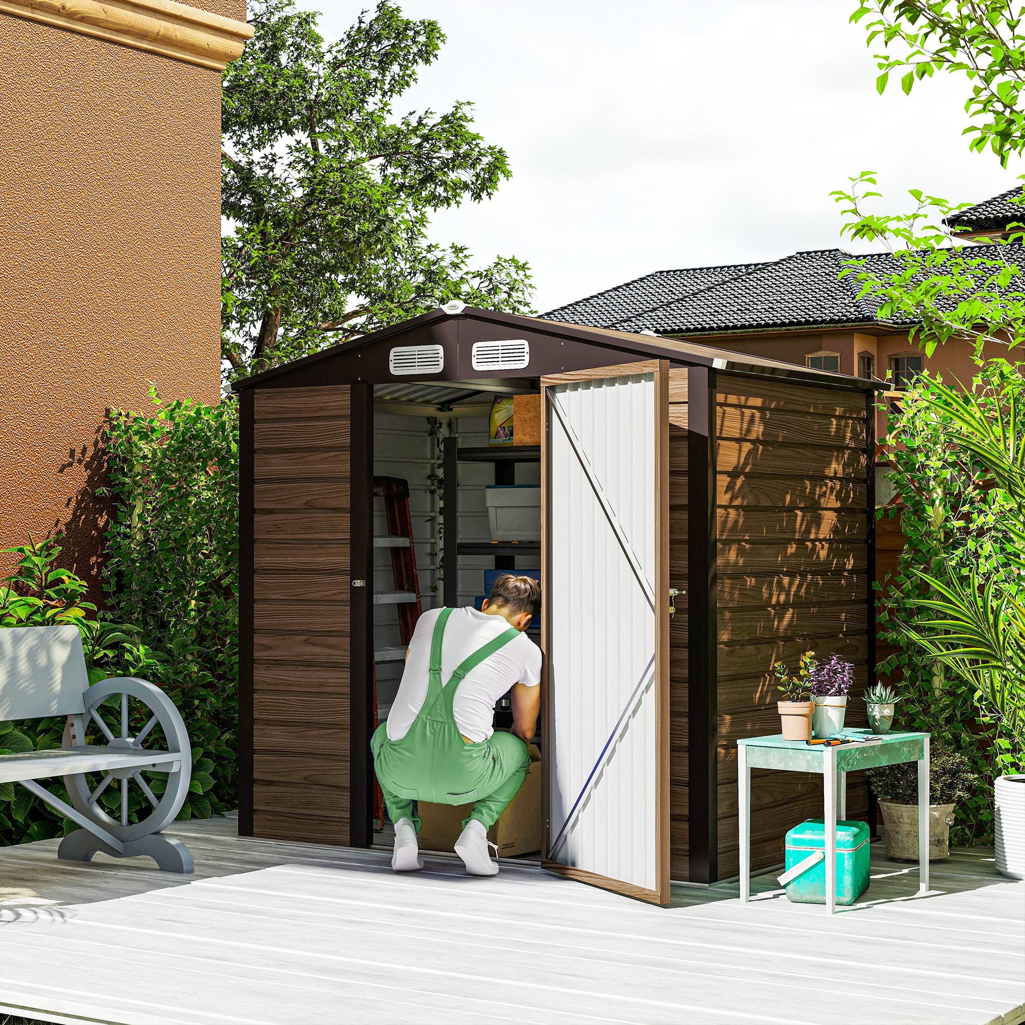 Outsunny 4 x 6ft Galvanised Steel Garden Shed, with Lock and Gloves - Oak
