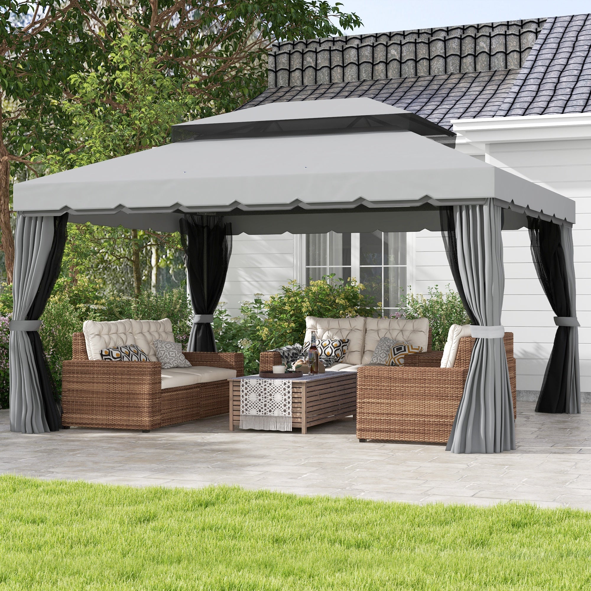 Outsunny 3 x 4m Aluminium Garden√Ç Gazebo, Marquee Canopy Shelter Pavilion Party Tent with Nets and Curtains for Garden and Deck, Light Grey