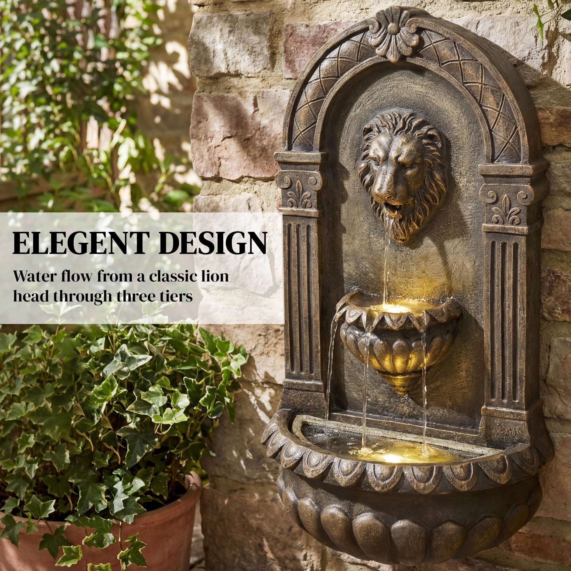 Outsunny Wall-Mounted Water Fountain, 3-Tier Cascading Waterfall with LED Lights and Adjustable Flow for Patio, Rustic Brown