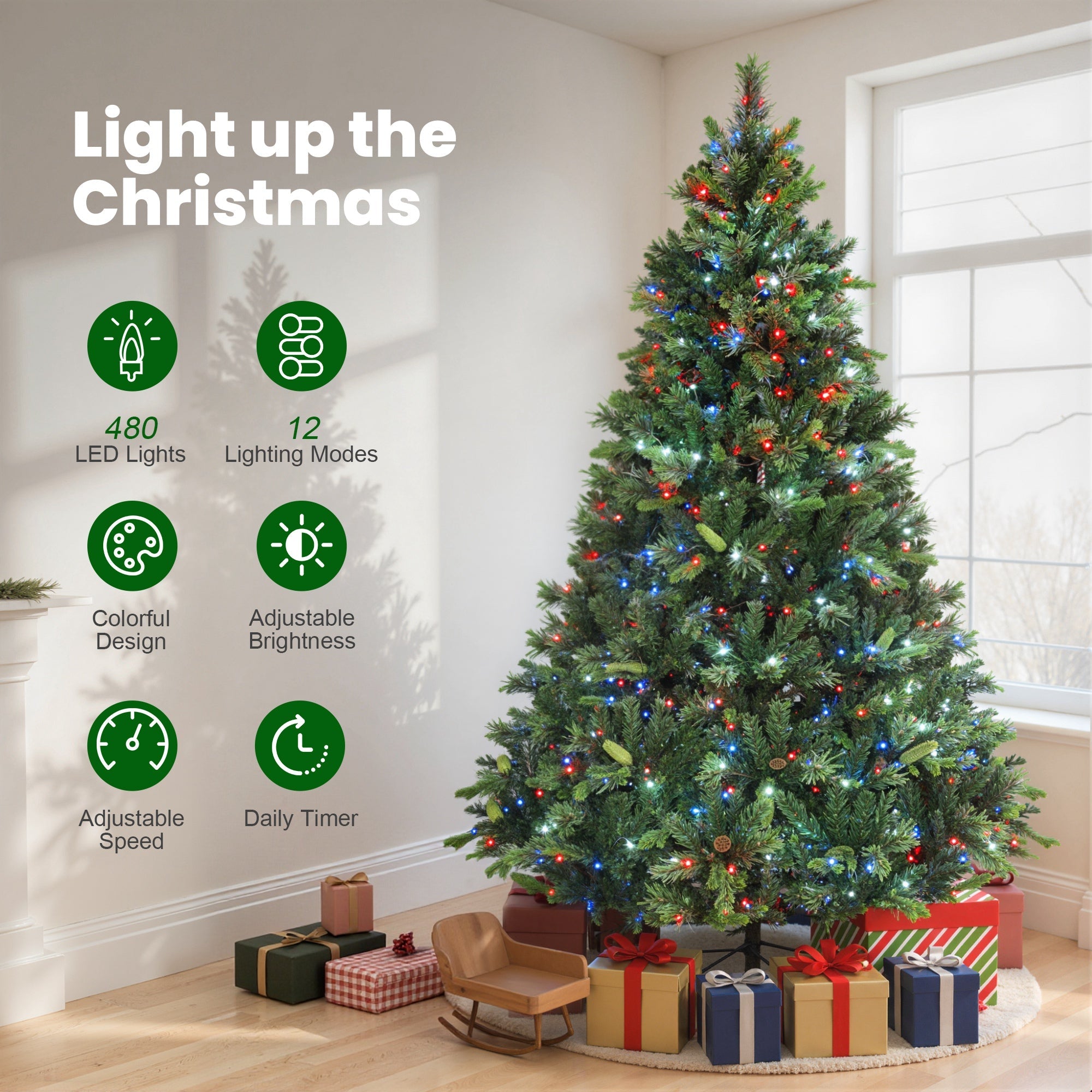 HOMCOM 7.5ft Artificial Pine LED Christmas Tree, with Remote