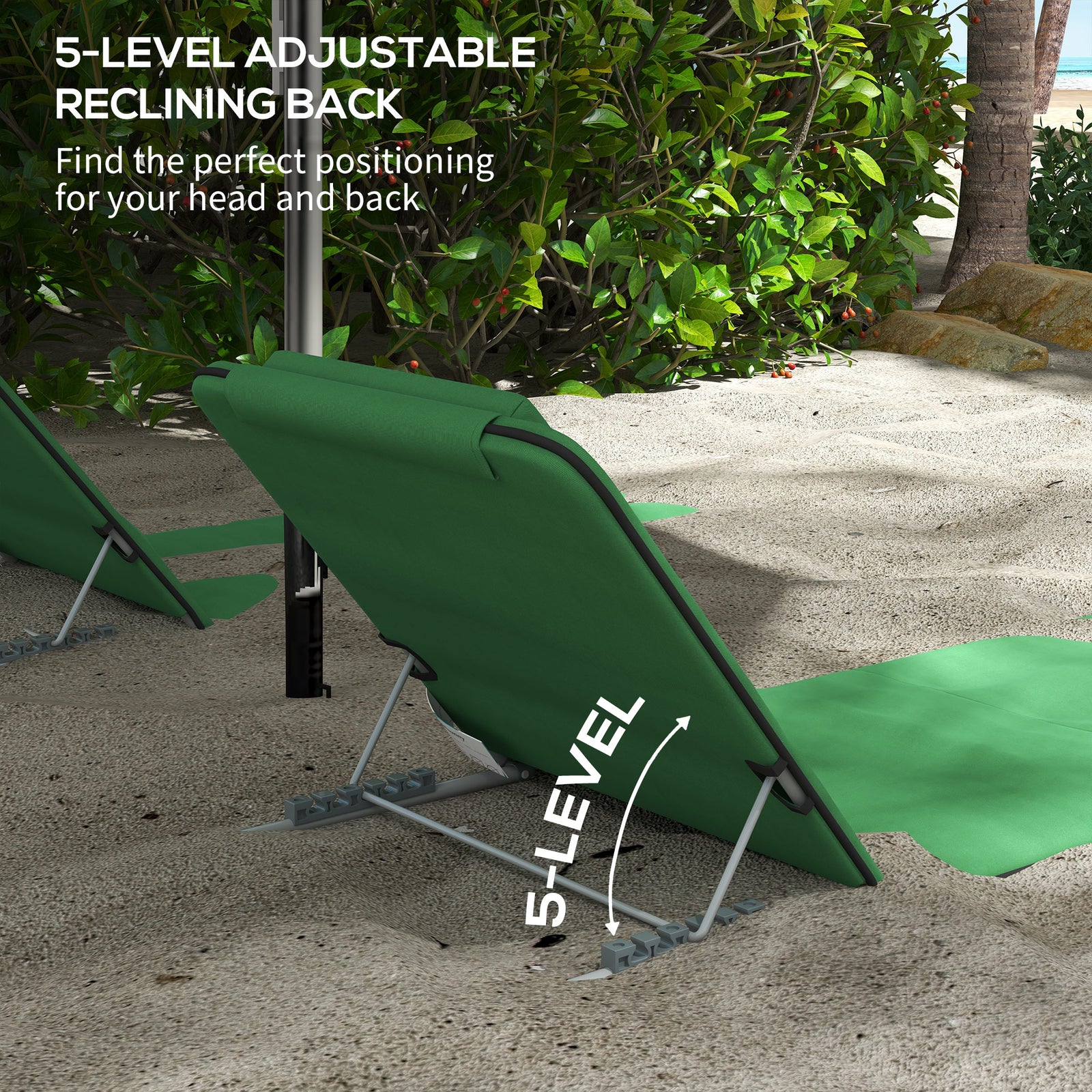 Outsunny Set of Two Metal Frame Beach Chairs, with Reclining Backs - Green