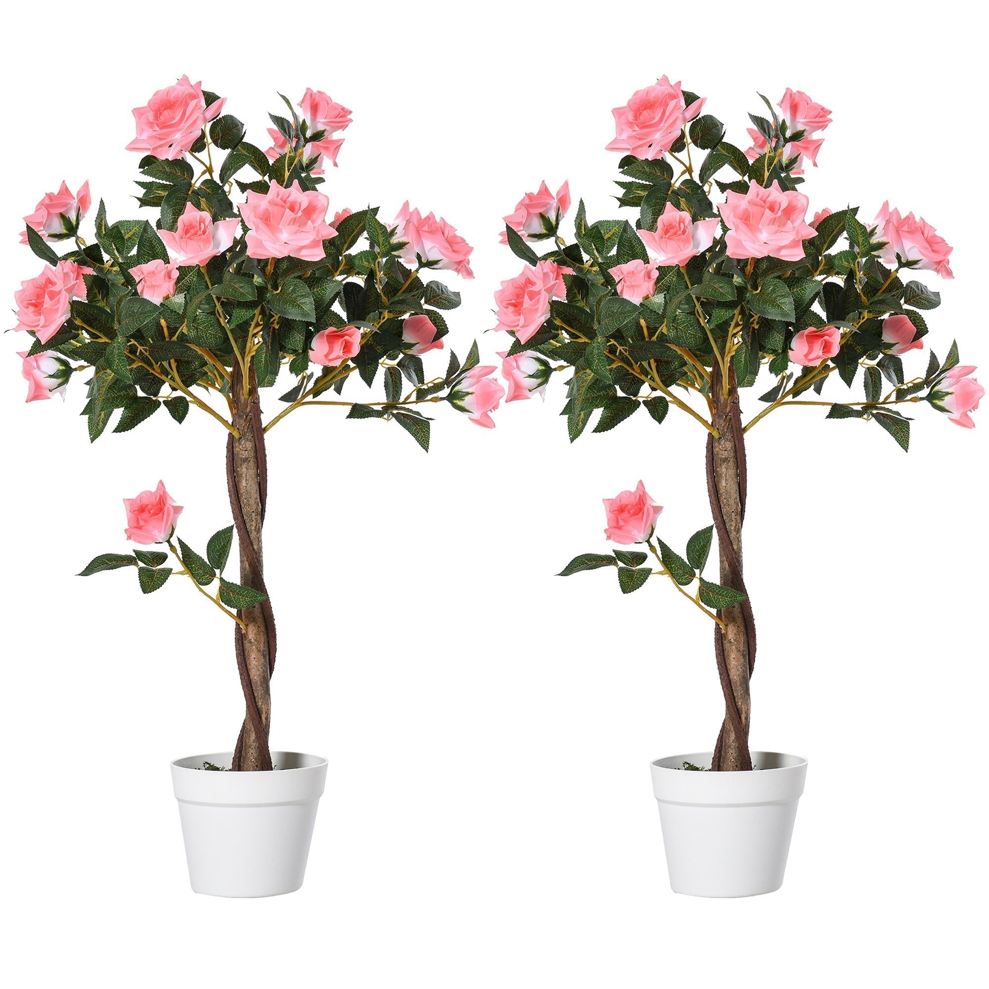 Outsunny Set of 2 Artificial Plants Pink Rose Floral in Pot, Fake Plants for Home Indoor Outdoor Decor, 90cm