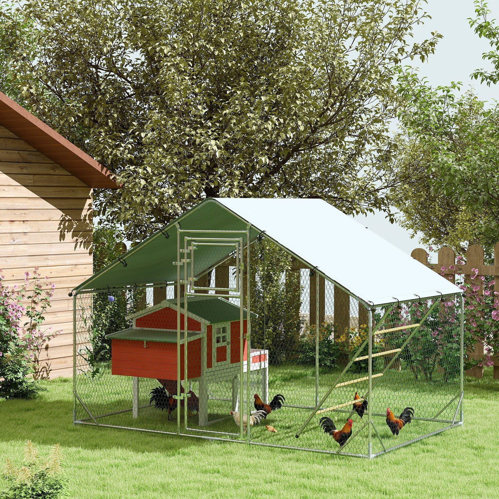 PawHut Walk-in Chicken Run w/ Cover, Feeding Door, Hanging Feeder, Perch, for 6-8 Poultry