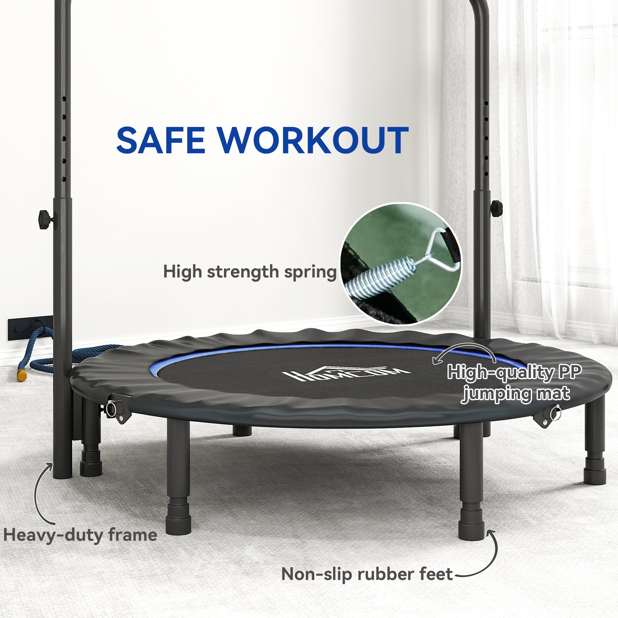 HOMCOM 45" Foldable Mini Fitness Trampoline, with Adjustable Foam Handle, Blue