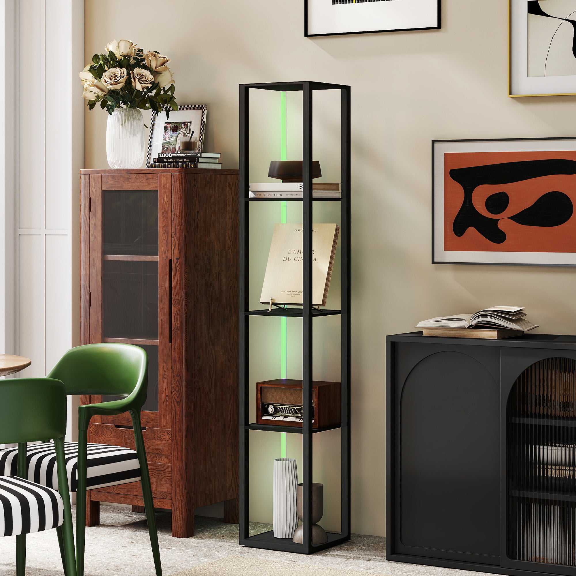 HOMCOM RGB LED Floor Lamp with Shelves, Modern Dimmable Standing Lamp with Remote Control, Adjustable Brightness & Speed for Living Room, Bedroom, Office, Black