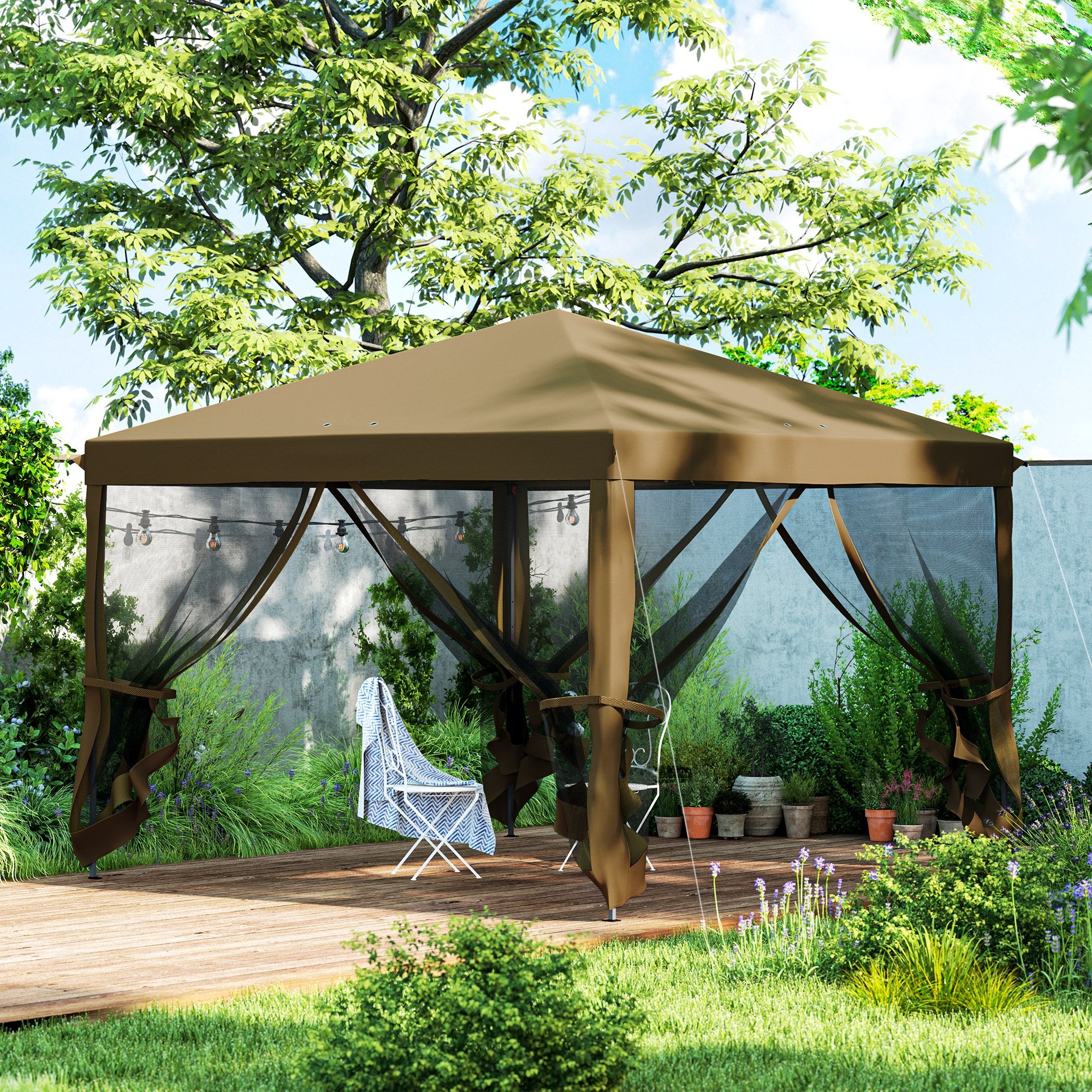 Outsunny 3 x 3√Ç m Pop Up Gazebo, 420D Garden Tent Canopy with Removable Mesh Sidewall Netting, Carry Bag for Garden Patio Outdoor, Khaki